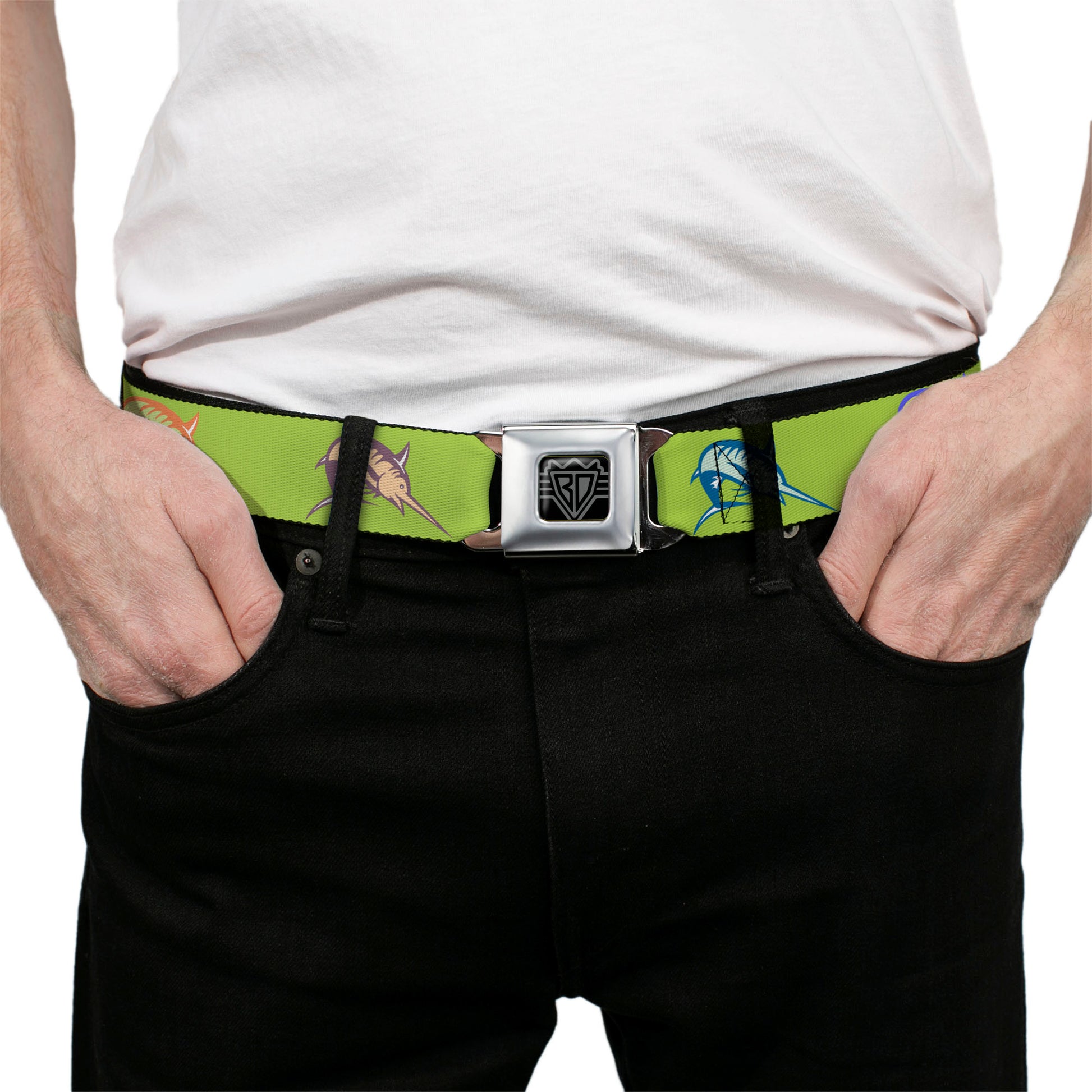 BD Wings Logo CLOSE-UP Full Color Black Silver Seatbelt Belt - Marlin Green/Multi Color Webbing Seatbelt Belts Buckle-Down