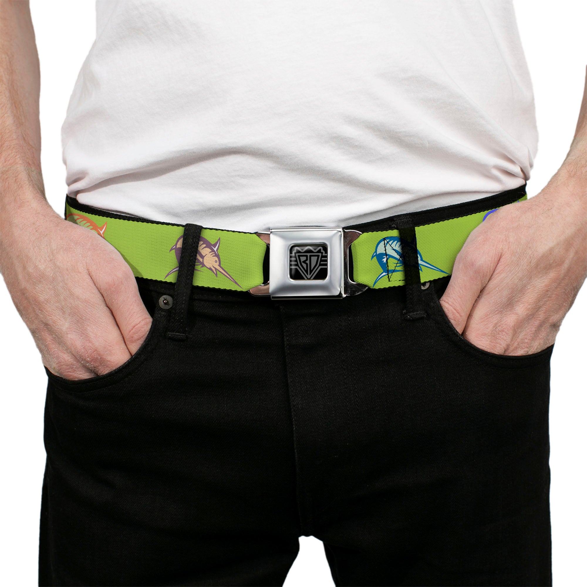 BD Wings Logo CLOSE-UP Full Color Black Silver Seatbelt Belt - Marlin Green/Multi Color Webbing Seatbelt Belts Buckle-Down