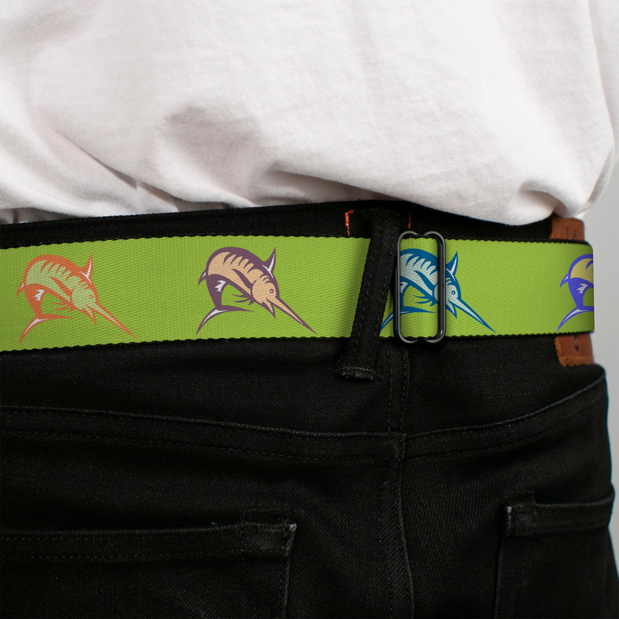 BD Wings Logo CLOSE-UP Full Color Black Silver Seatbelt Belt - Marlin Green/Multi Color Webbing Seatbelt Belts Buckle-Down