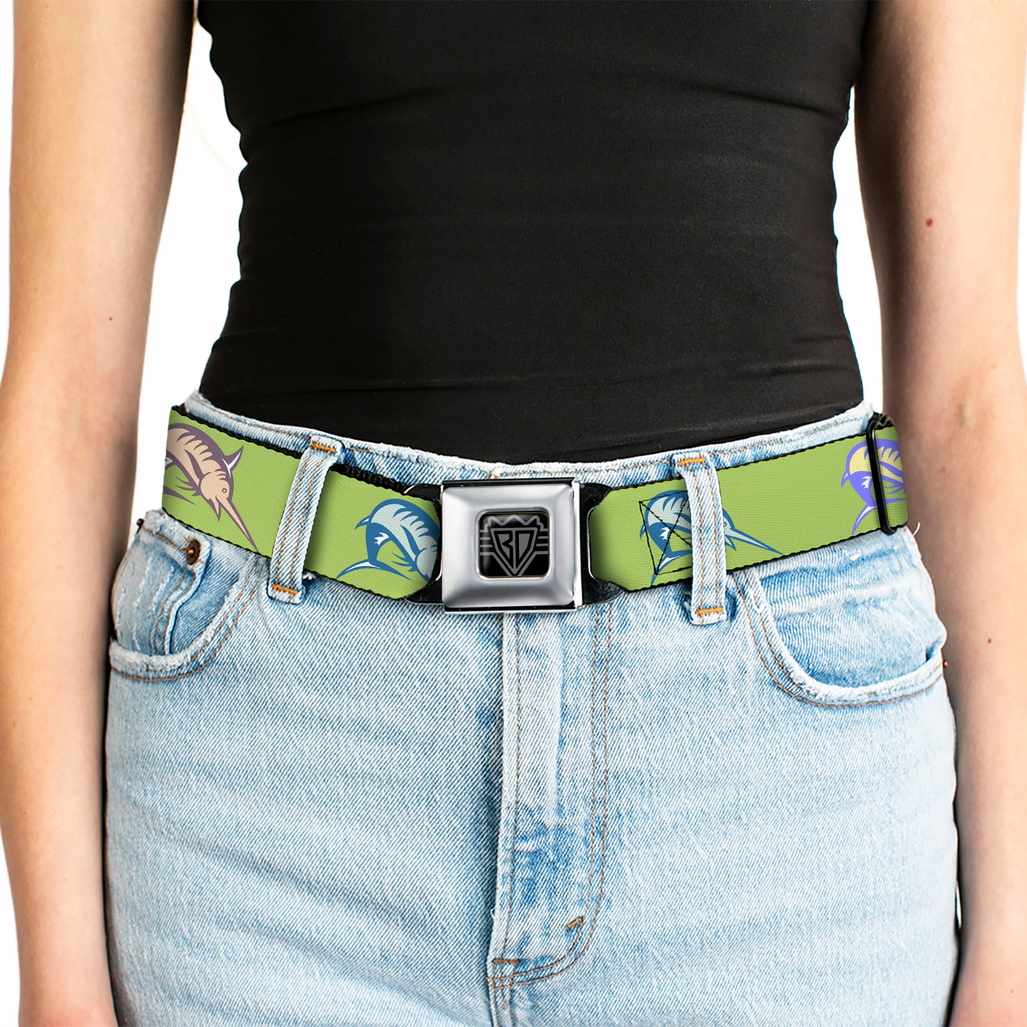 BD Wings Logo CLOSE-UP Full Color Black Silver Seatbelt Belt - Marlin Green/Multi Color Webbing Seatbelt Belts Buckle-Down