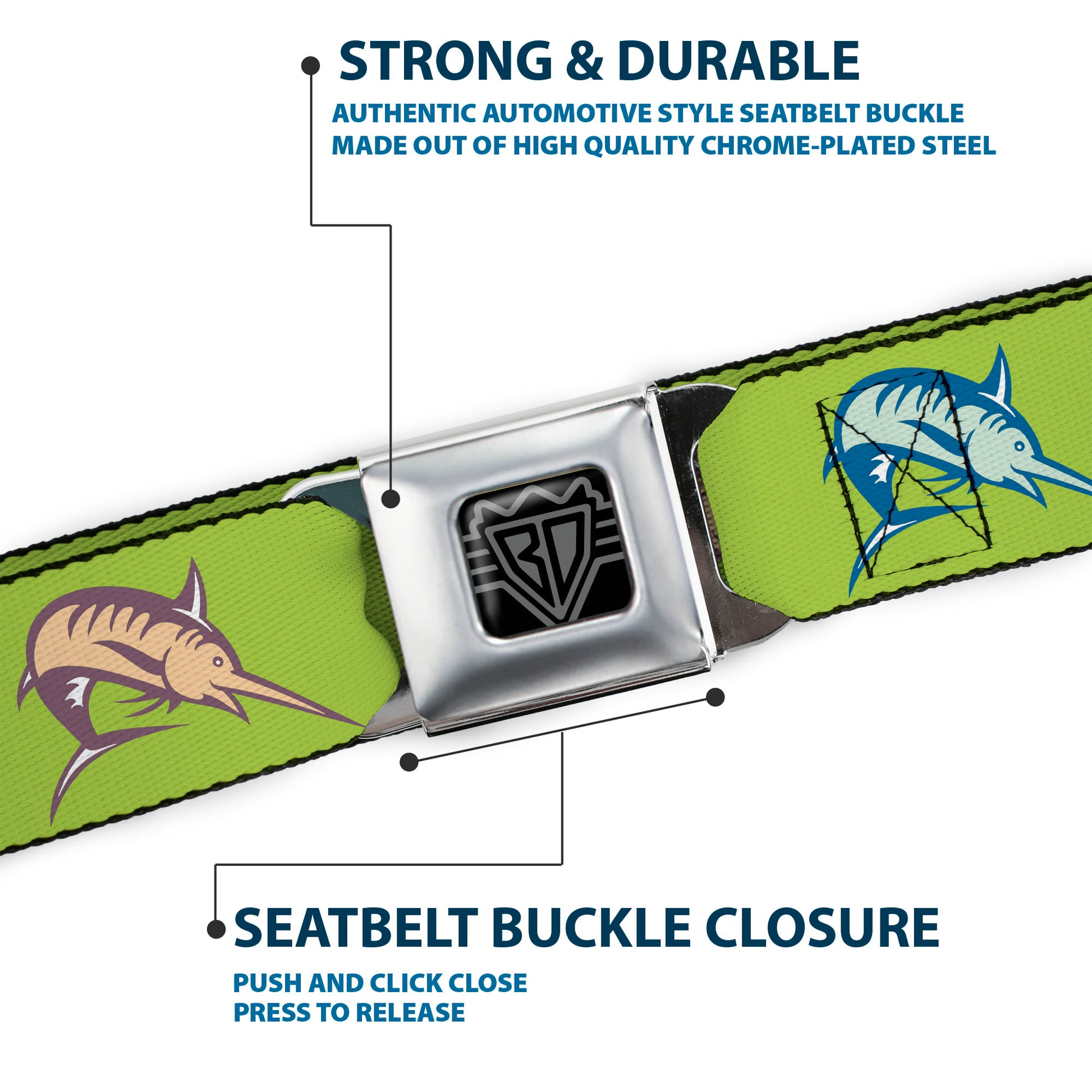 BD Wings Logo CLOSE-UP Full Color Black Silver Seatbelt Belt - Marlin Green/Multi Color Webbing Seatbelt Belts Buckle-Down
