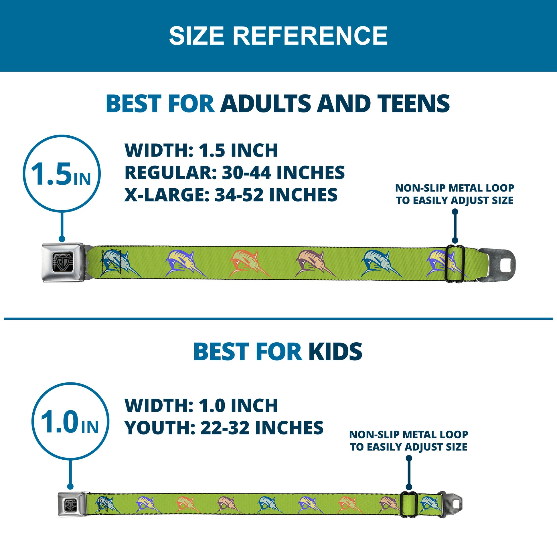 BD Wings Logo CLOSE-UP Full Color Black Silver Seatbelt Belt - Marlin Green/Multi Color Webbing Seatbelt Belts Buckle-Down