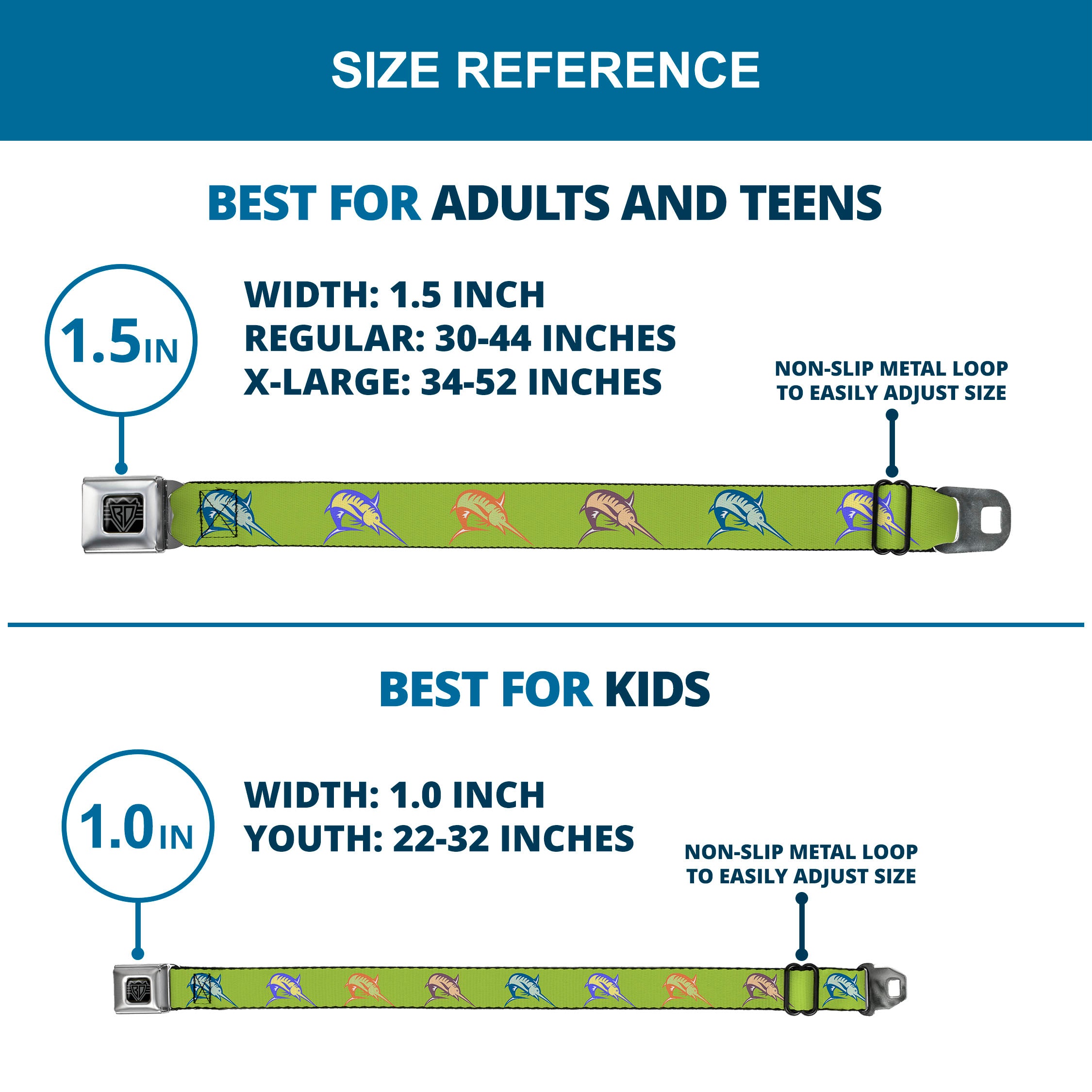 BD Wings Logo CLOSE-UP Full Color Black Silver Seatbelt Belt - Marlin Green/Multi Color Webbing Seatbelt Belts Buckle-Down