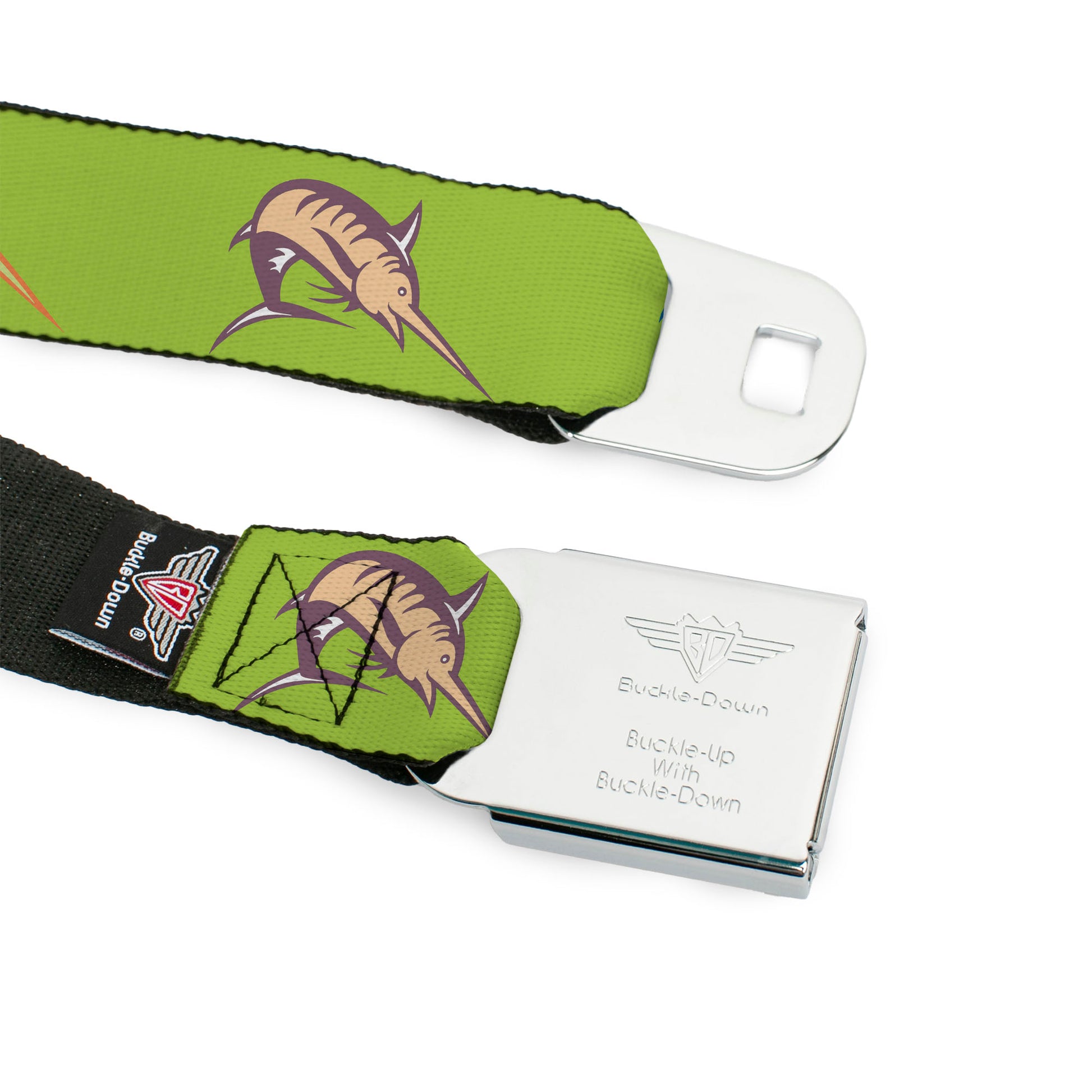 BD Wings Logo CLOSE-UP Full Color Black Silver Seatbelt Belt - Marlin Green/Multi Color Webbing Seatbelt Belts Buckle-Down