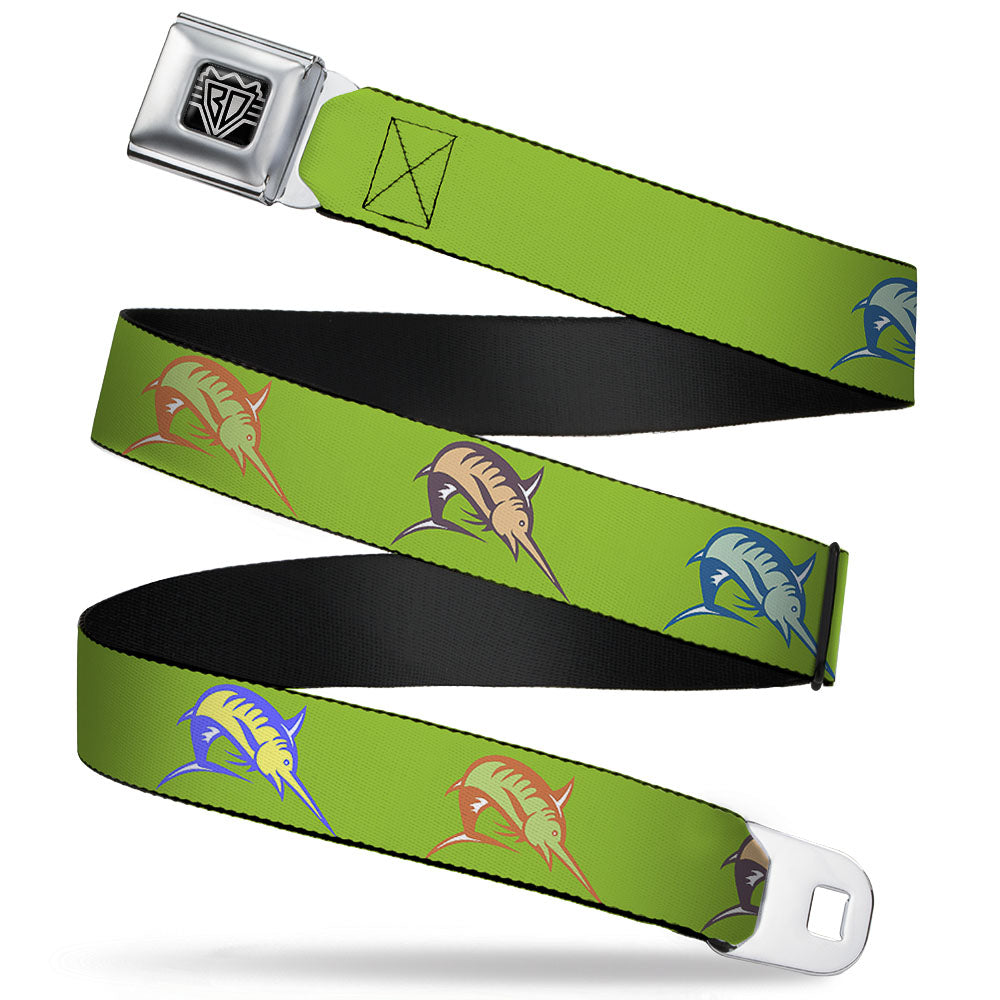 BD Wings Logo CLOSE-UP Full Color Black Silver Seatbelt Belt - Marlin Green/Multi Color Webbing Seatbelt Belts Buckle-Down