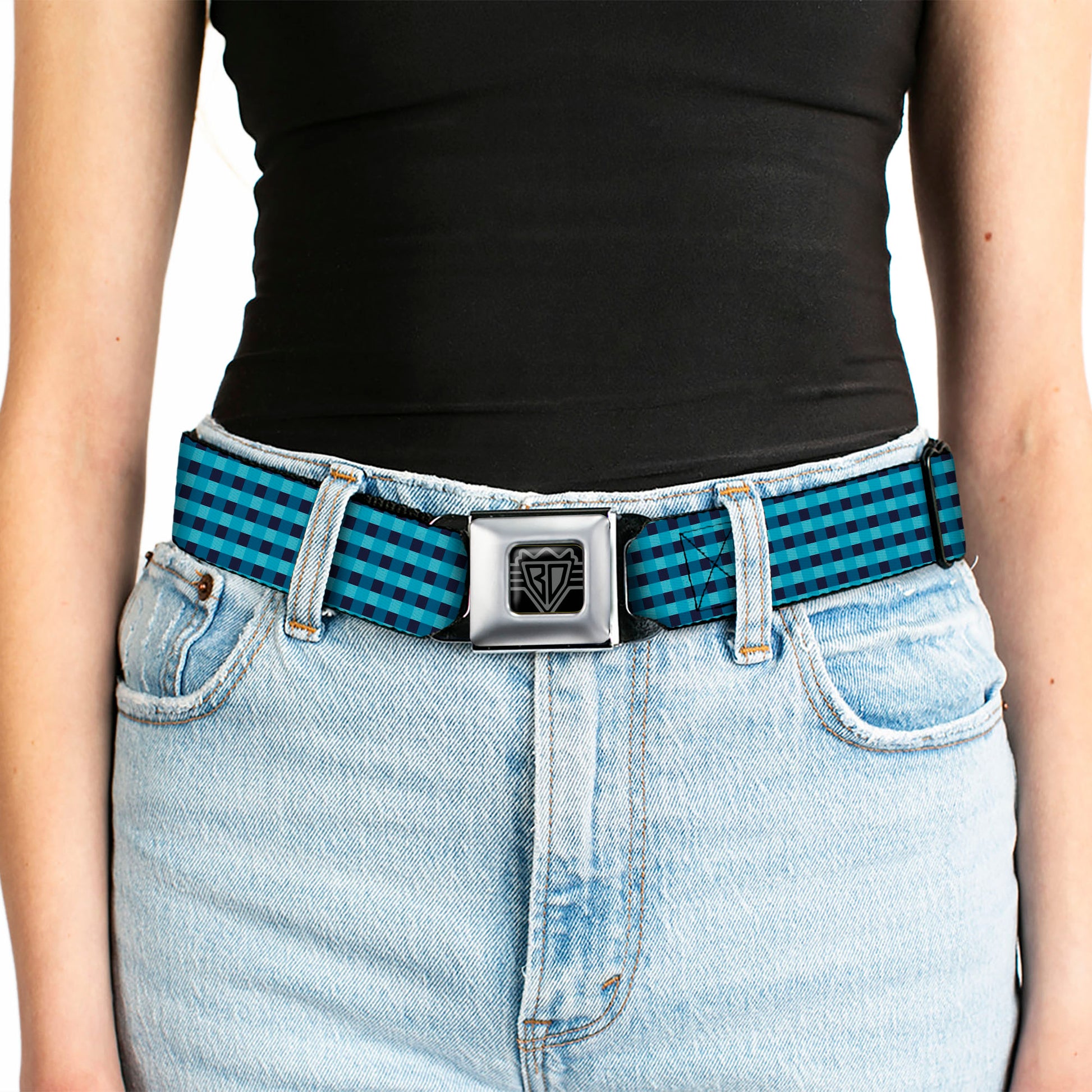 BD Wings Logo CLOSE-UP Full Color Black Silver Seatbelt Belt - Mini Buffalo Plaid Navy/Blue Webbing Seatbelt Belts Buckle-Down