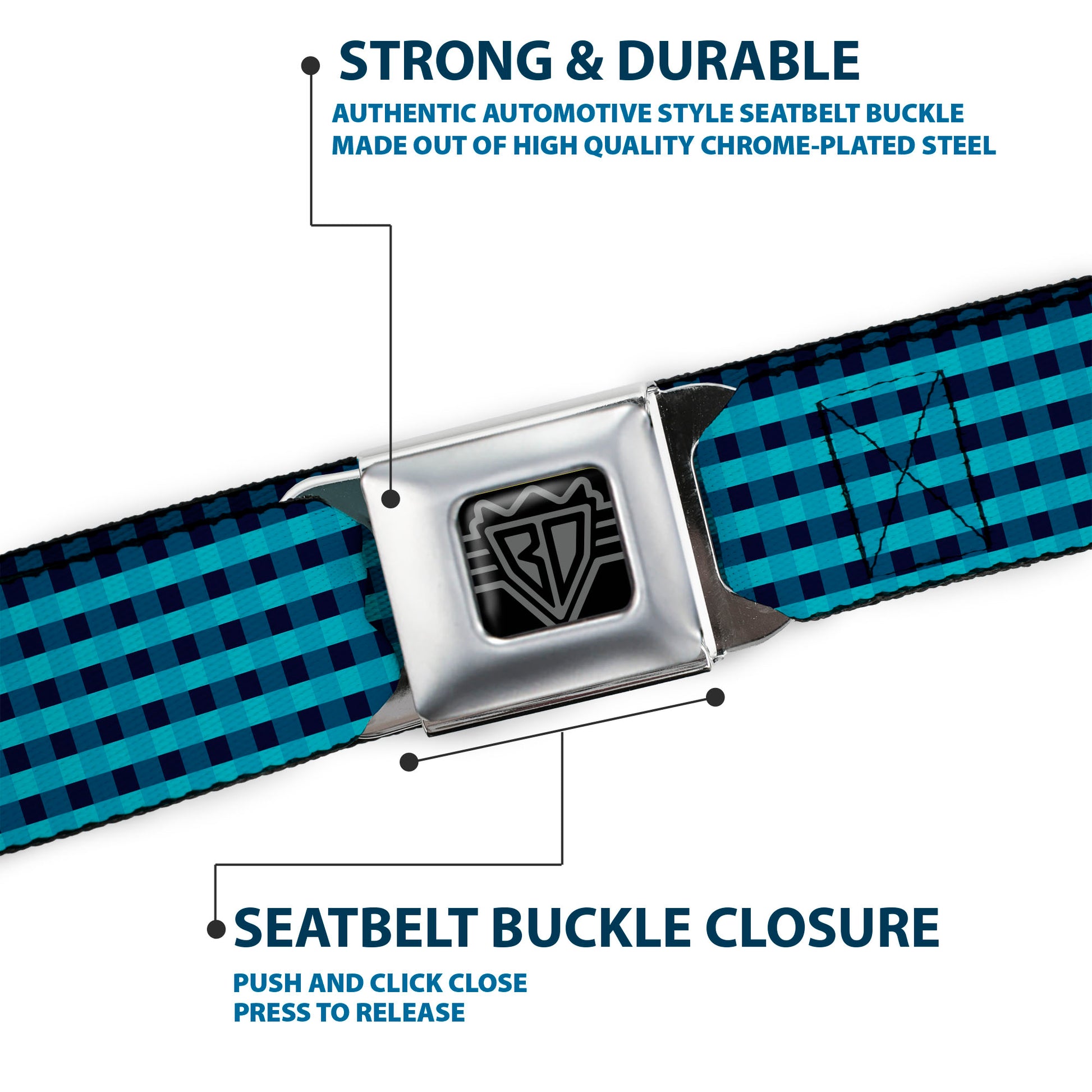 BD Wings Logo CLOSE-UP Full Color Black Silver Seatbelt Belt - Mini Buffalo Plaid Navy/Blue Webbing Seatbelt Belts Buckle-Down
