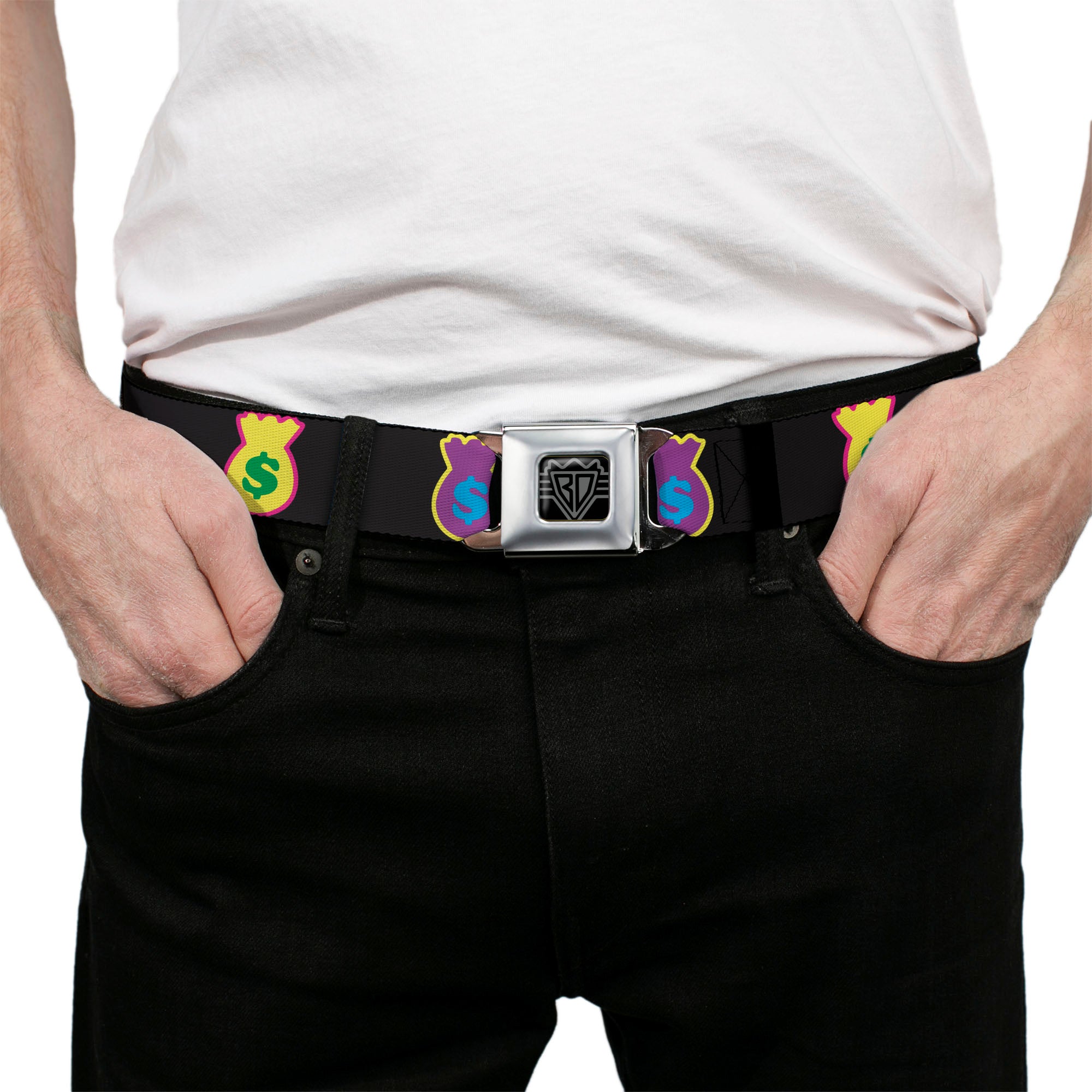 BD Wings Logo CLOSE-UP Full Color Black Silver Seatbelt Belt - Money Bags Black/Multi Color Webbing Seatbelt Belts Buckle-Down