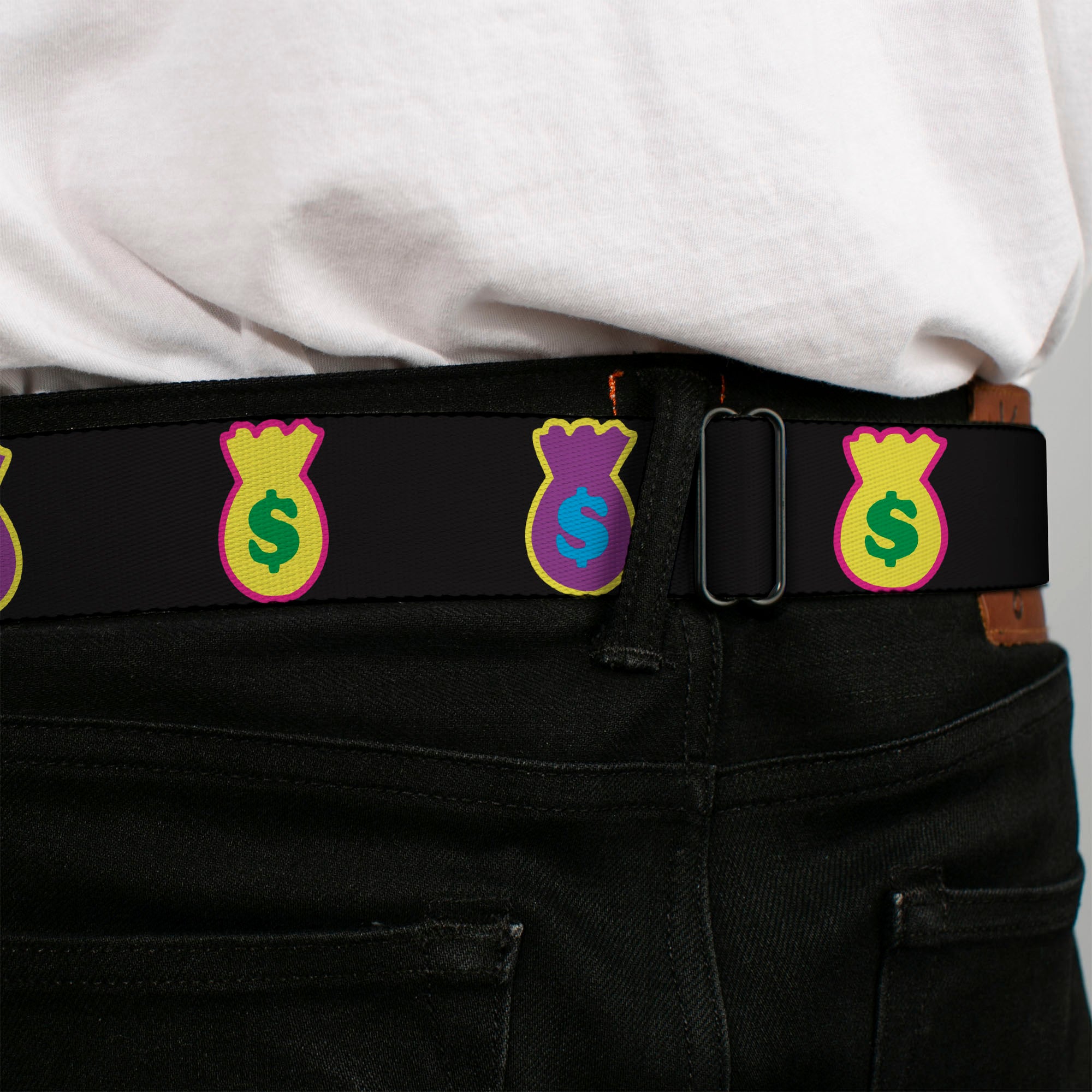 BD Wings Logo CLOSE-UP Full Color Black Silver Seatbelt Belt - Money Bags Black/Multi Color Webbing Seatbelt Belts Buckle-Down