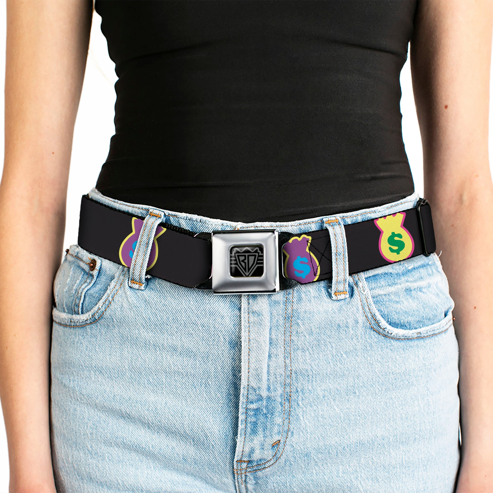 BD Wings Logo CLOSE-UP Full Color Black Silver Seatbelt Belt - Money Bags Black/Multi Color Webbing Seatbelt Belts Buckle-Down