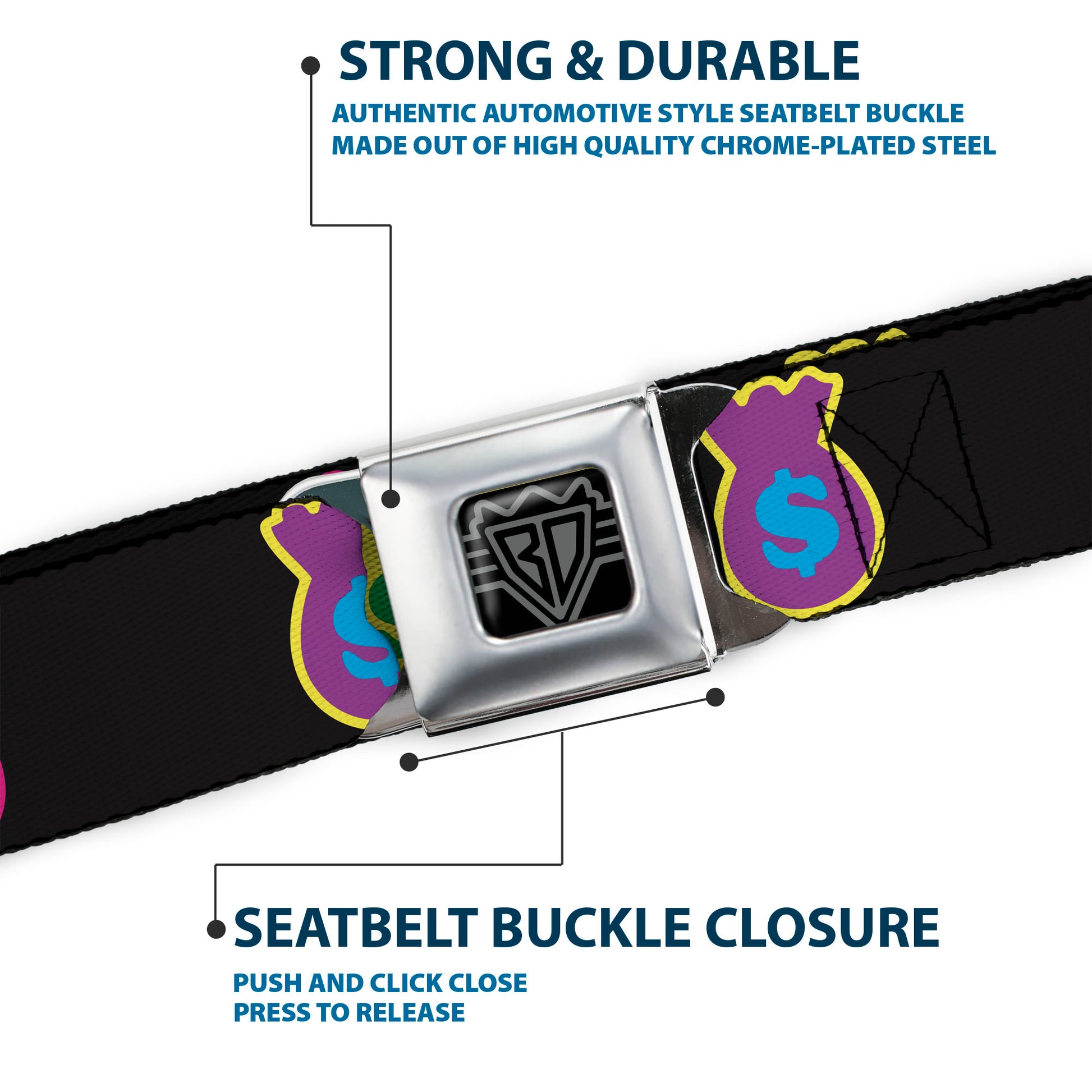 BD Wings Logo CLOSE-UP Full Color Black Silver Seatbelt Belt - Money Bags Black/Multi Color Webbing Seatbelt Belts Buckle-Down