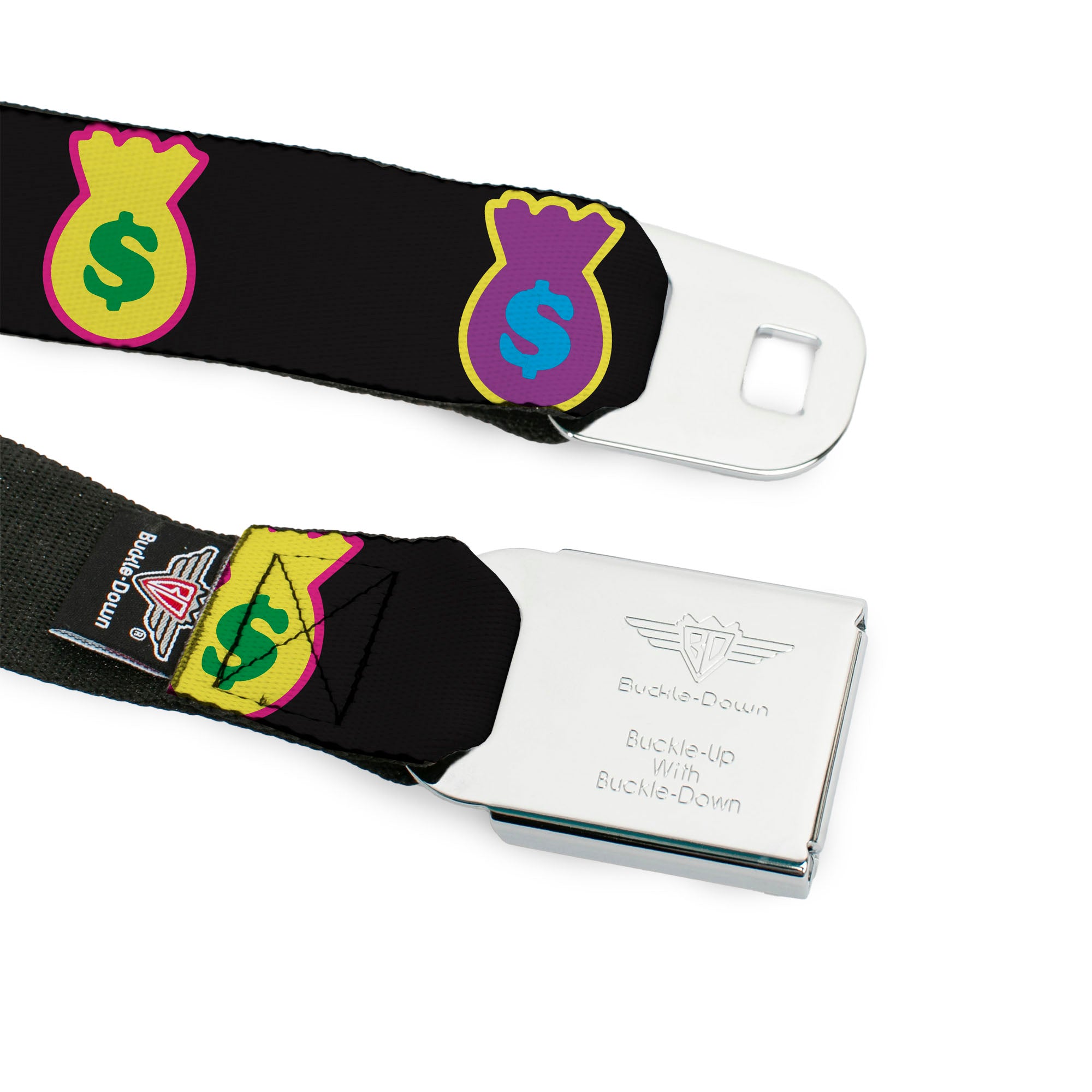 BD Wings Logo CLOSE-UP Full Color Black Silver Seatbelt Belt - Money Bags Black/Multi Color Webbing Seatbelt Belts Buckle-Down