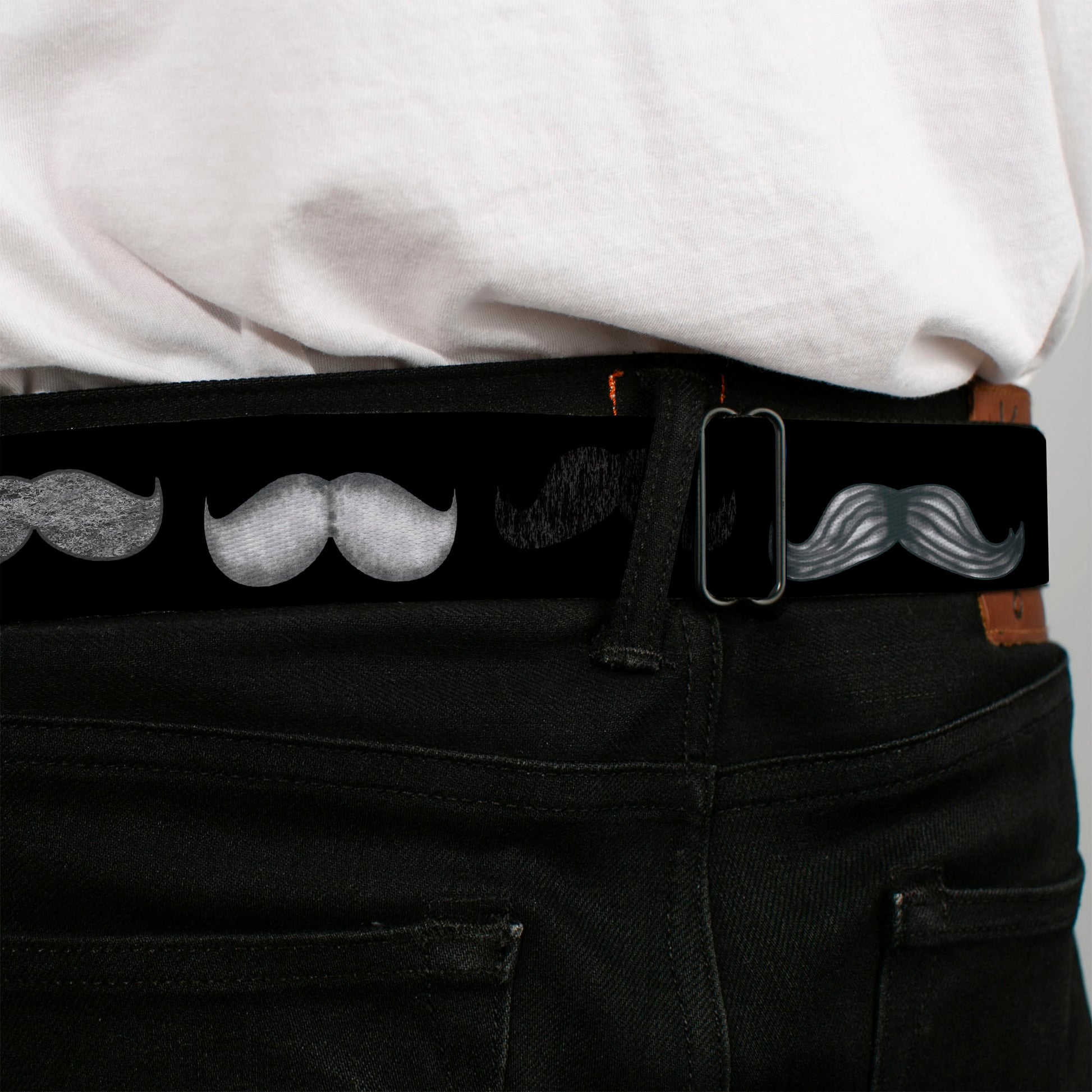 BD Wings Logo CLOSE-UP Full Color Black Silver Seatbelt Belt - Mustache Sketch Black/White Webbing Seatbelt Belts Buckle-Down