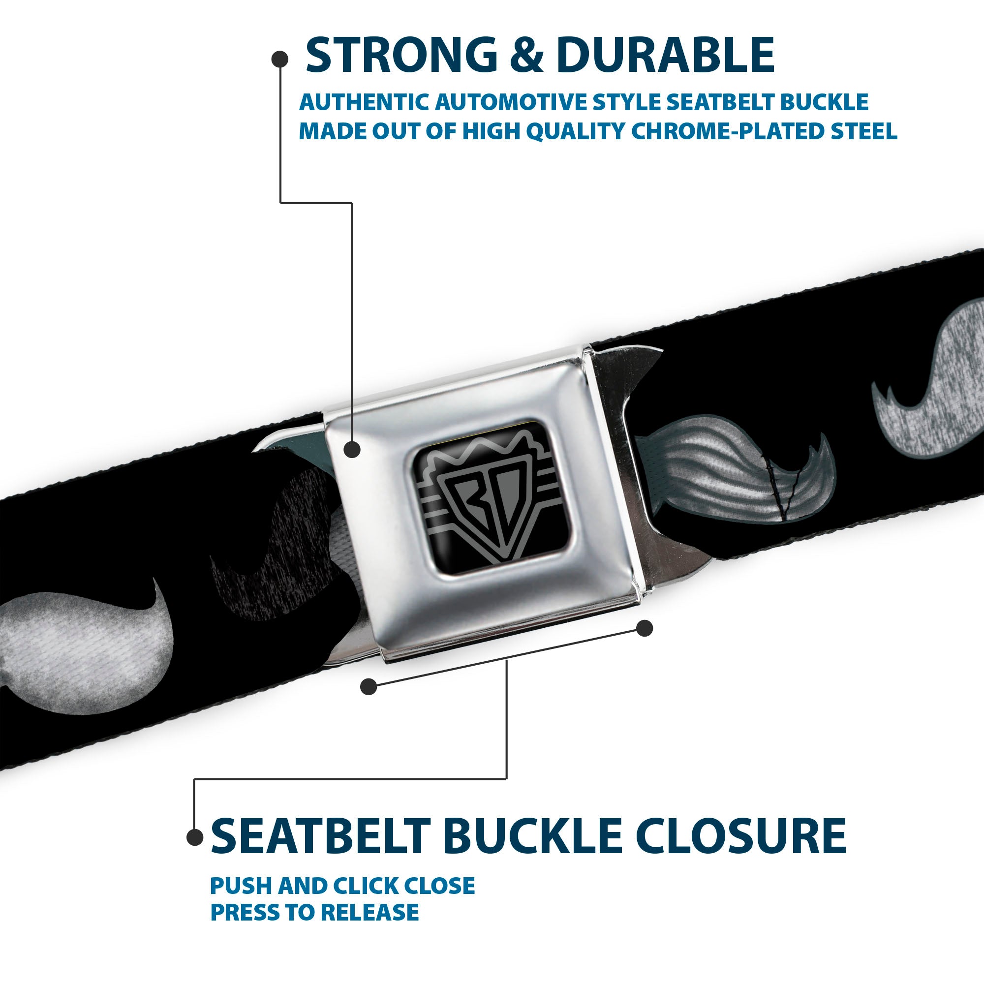 BD Wings Logo CLOSE-UP Full Color Black Silver Seatbelt Belt - Mustache Sketch Black/White Webbing Seatbelt Belts Buckle-Down