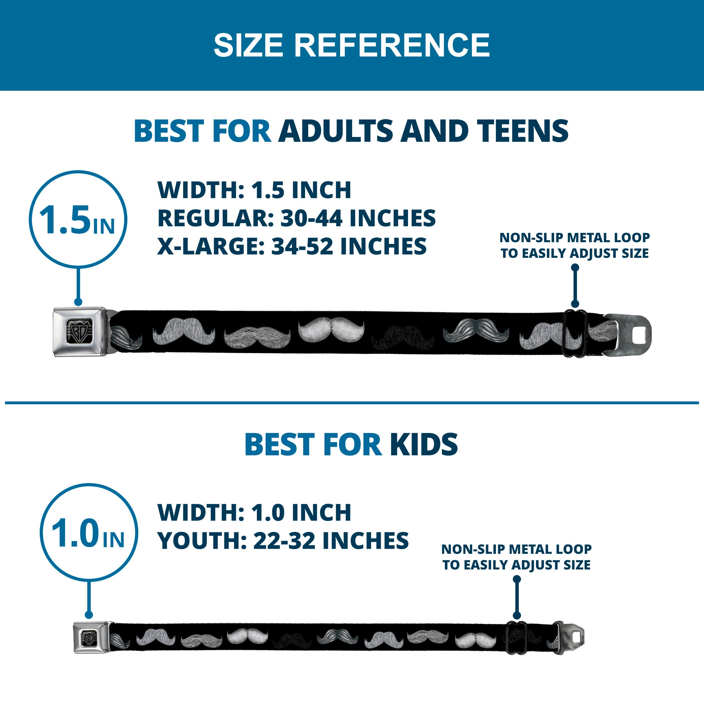 BD Wings Logo CLOSE-UP Full Color Black Silver Seatbelt Belt - Mustache Sketch Black/White Webbing Seatbelt Belts Buckle-Down