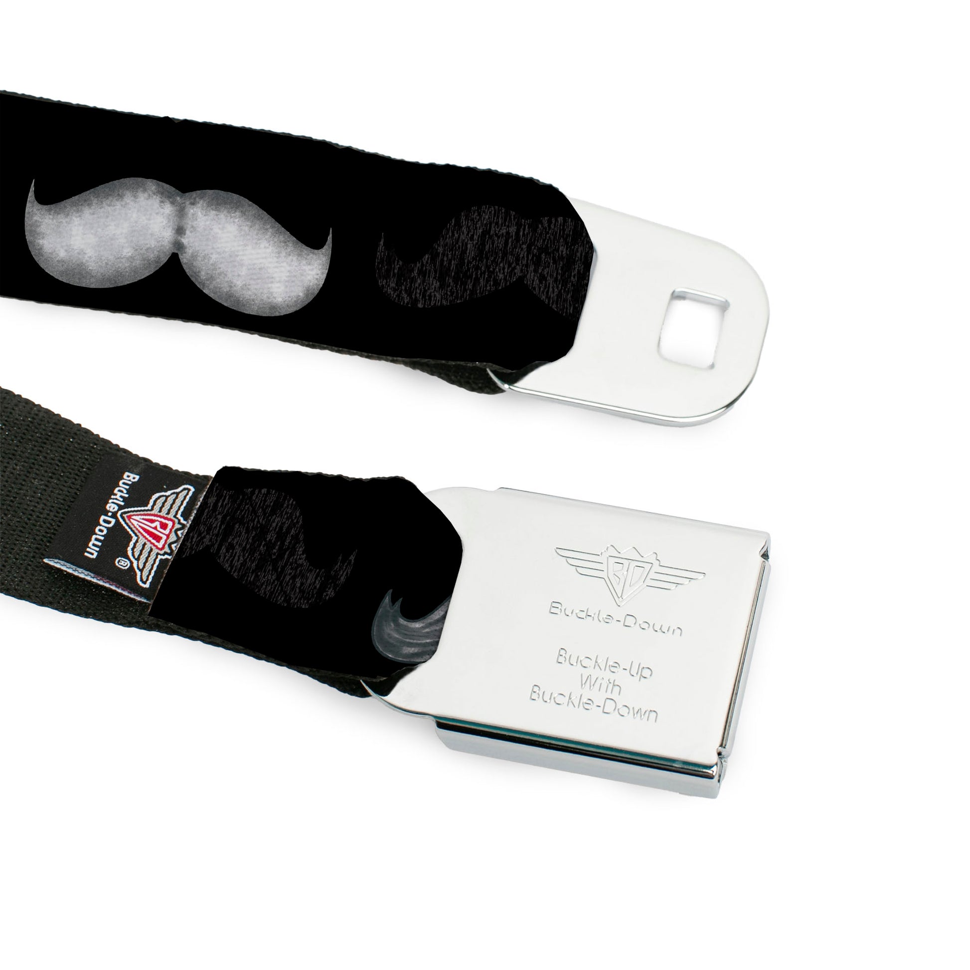 BD Wings Logo CLOSE-UP Full Color Black Silver Seatbelt Belt - Mustache Sketch Black/White Webbing Seatbelt Belts Buckle-Down