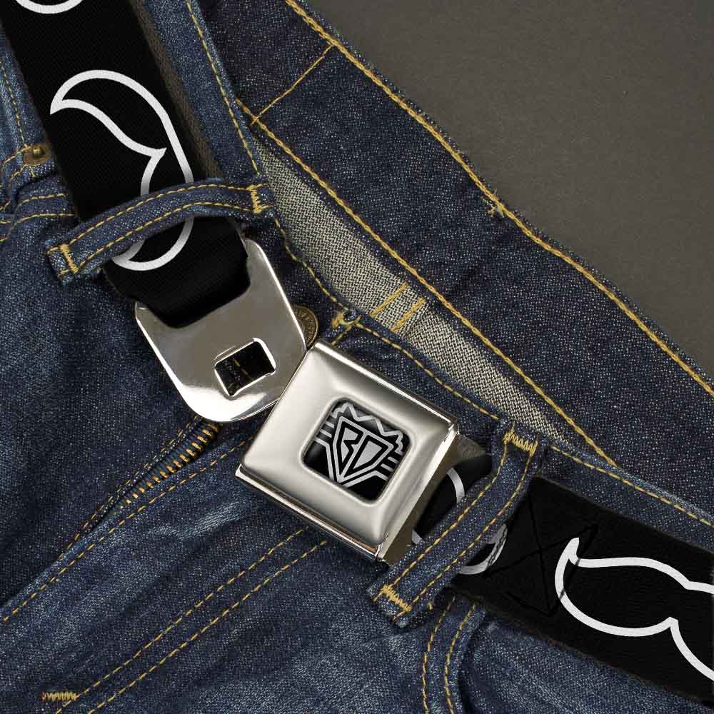 BD Wings Logo CLOSE-UP Full Color Black Silver Seatbelt Belt - Mustache Outlines Black/White Webbing Seatbelt Belts Buckle-Down