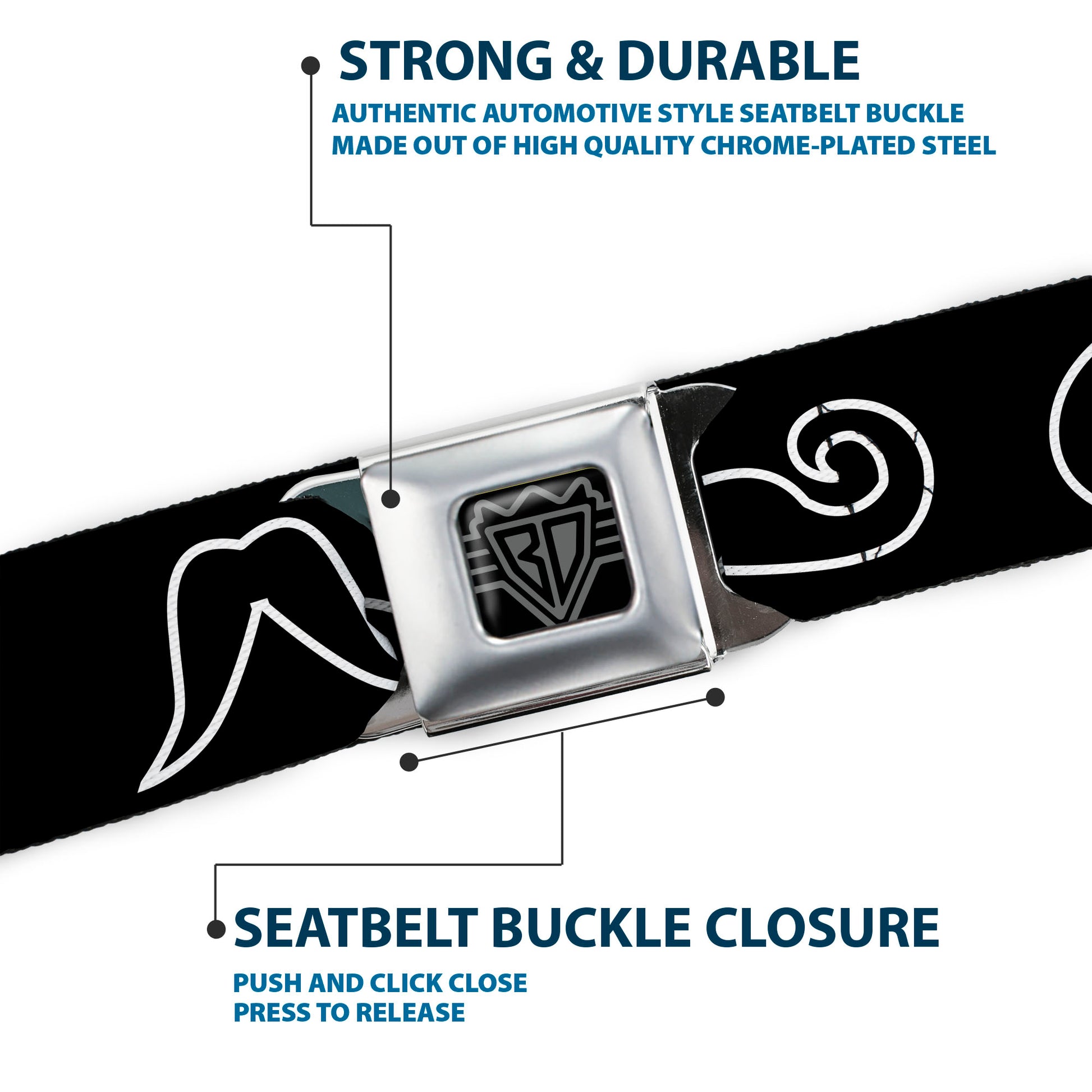BD Wings Logo CLOSE-UP Full Color Black Silver Seatbelt Belt - Mustache Outlines Black/White Webbing Seatbelt Belts Buckle-Down