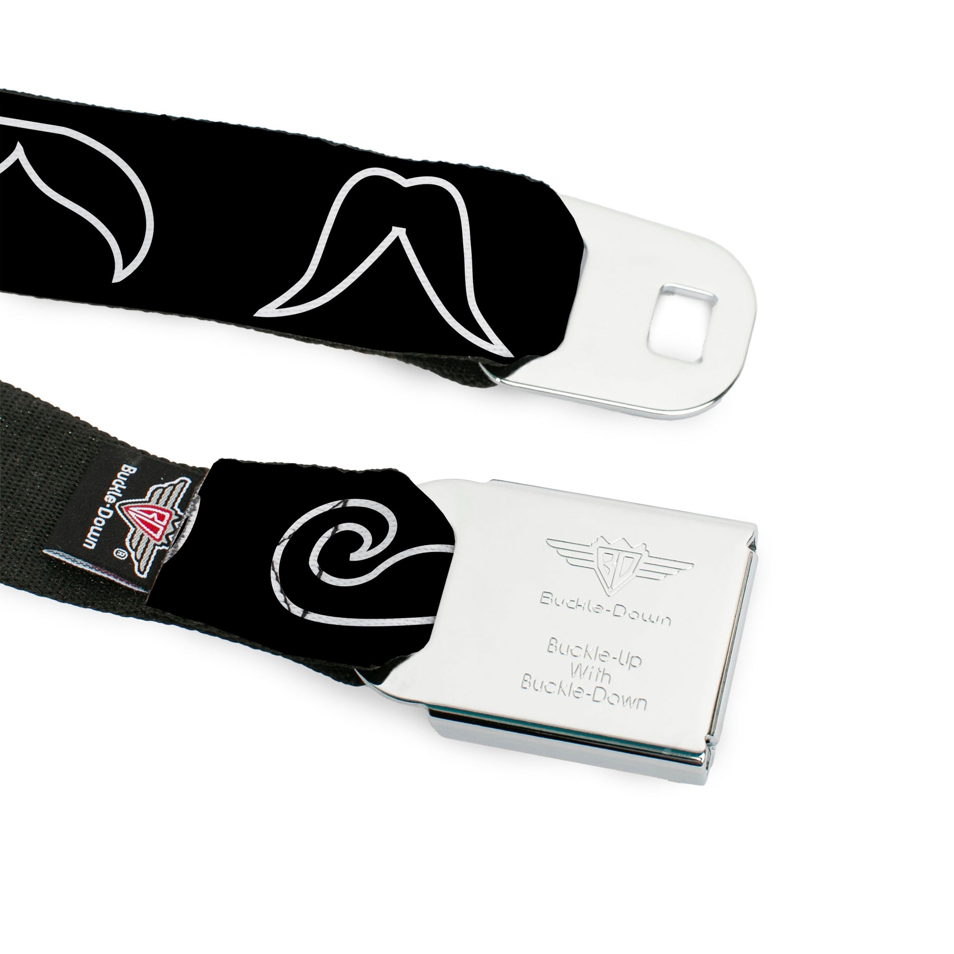 BD Wings Logo CLOSE-UP Full Color Black Silver Seatbelt Belt - Mustache Outlines Black/White Webbing Seatbelt Belts Buckle-Down