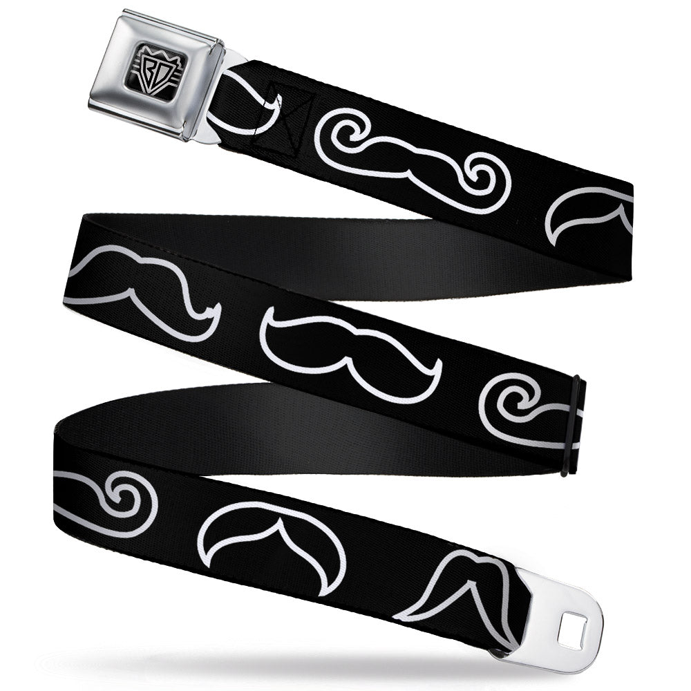 BD Wings Logo CLOSE-UP Full Color Black Silver Seatbelt Belt - Mustache Outlines Black/White Webbing Seatbelt Belts Buckle-Down
