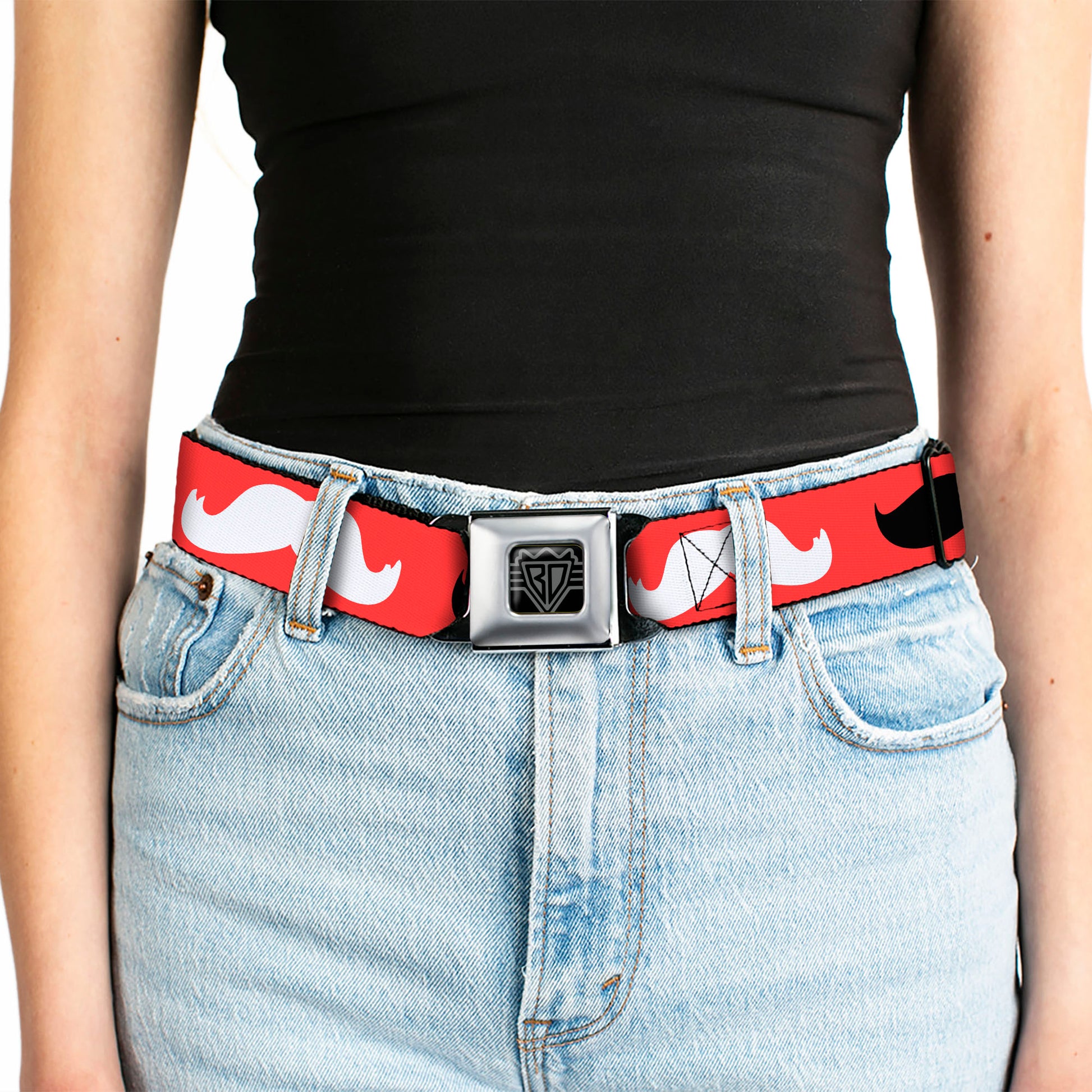 BD Wings Logo CLOSE-UP Full Color Black Silver Seatbelt Belt - Mustaches Red/Brown/White/Black Webbing Seatbelt Belts Buckle-Down