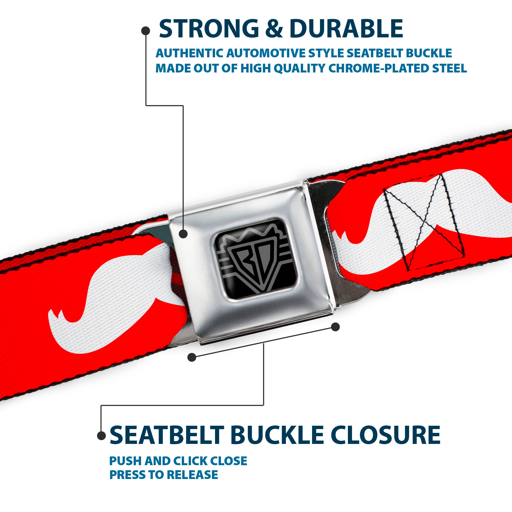BD Wings Logo CLOSE-UP Full Color Black Silver Seatbelt Belt - Mustaches Red/Brown/White/Black Webbing Seatbelt Belts Buckle-Down