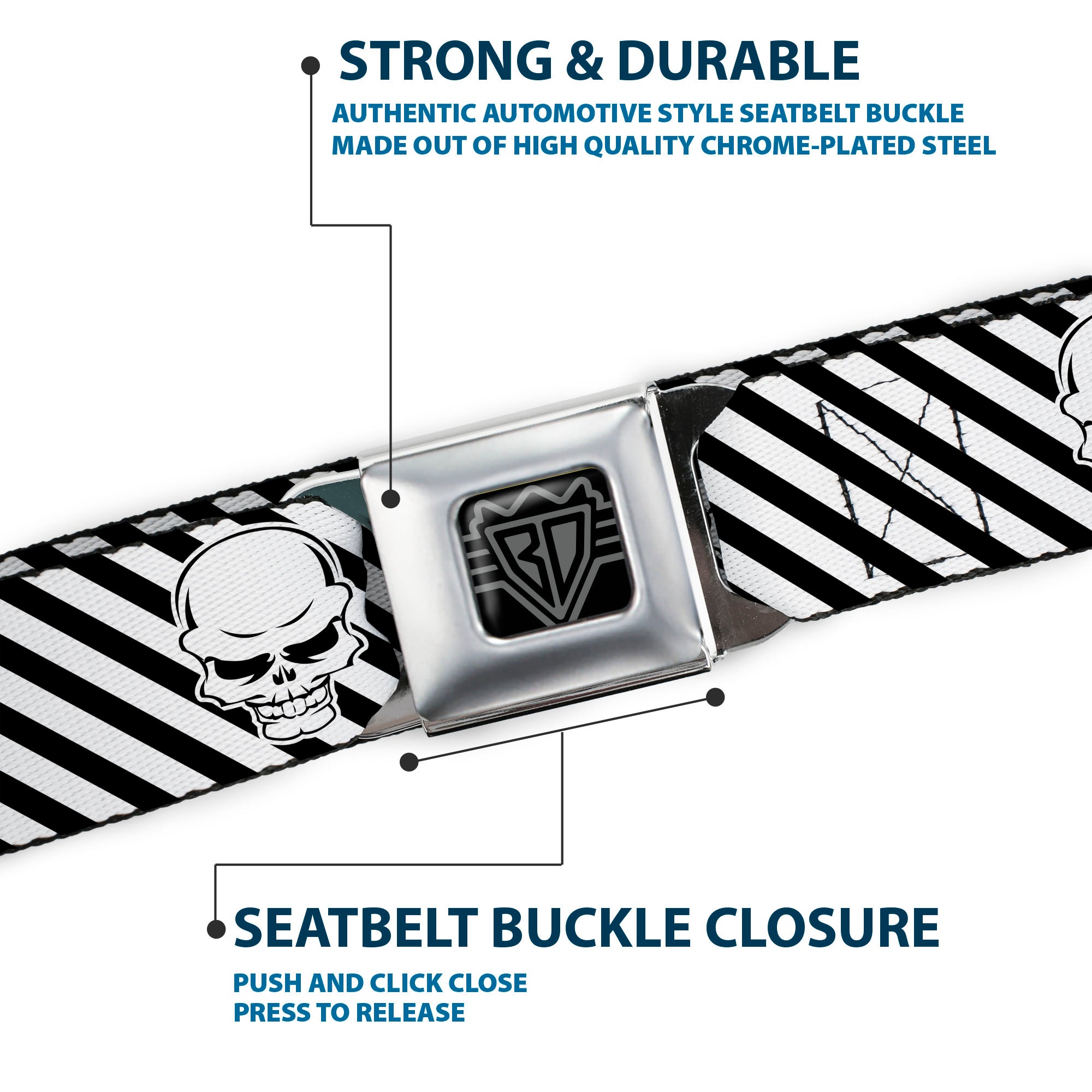 BD Wings Logo CLOSE-UP Full Color Black Silver Seatbelt Belt - Metal Skull Black/White Webbing Seatbelt Belts Buckle-Down