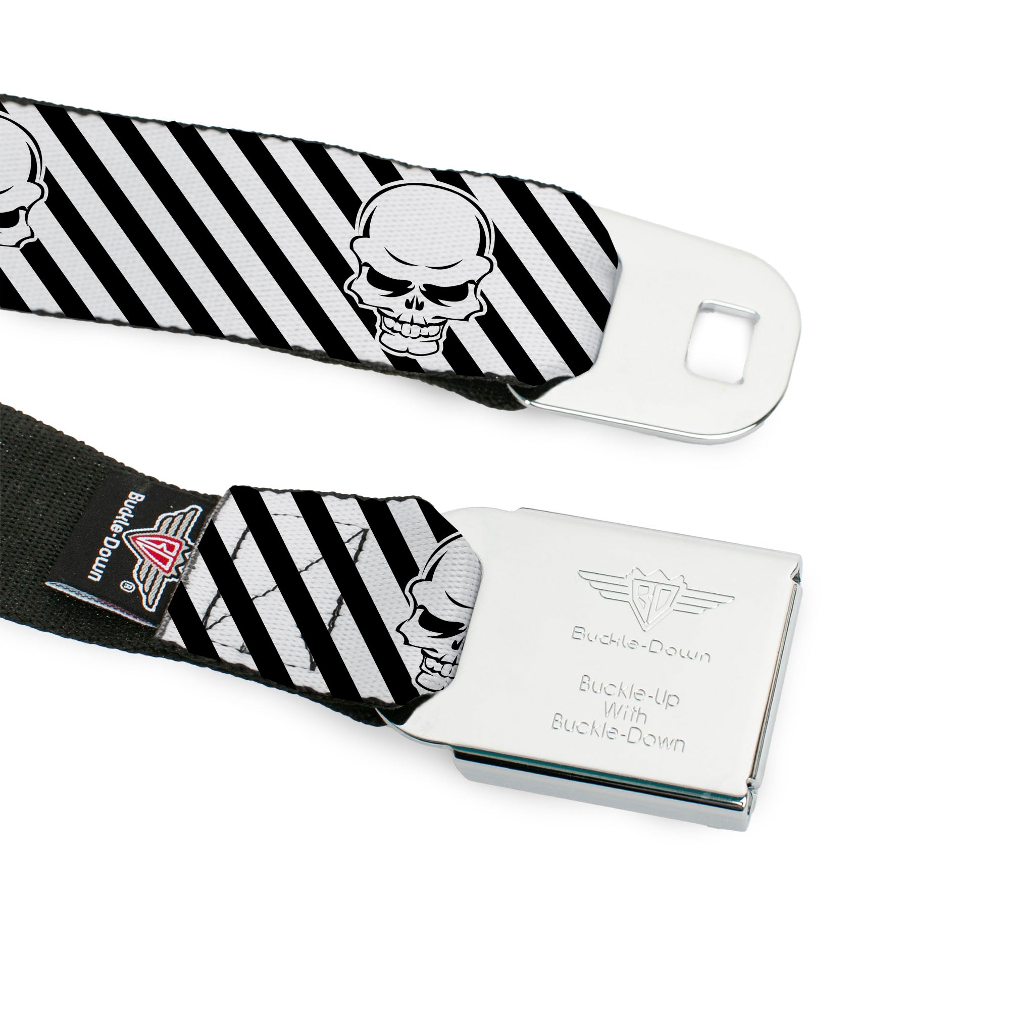 BD Wings Logo CLOSE-UP Full Color Black Silver Seatbelt Belt - Metal Skull Black/White Webbing Seatbelt Belts Buckle-Down