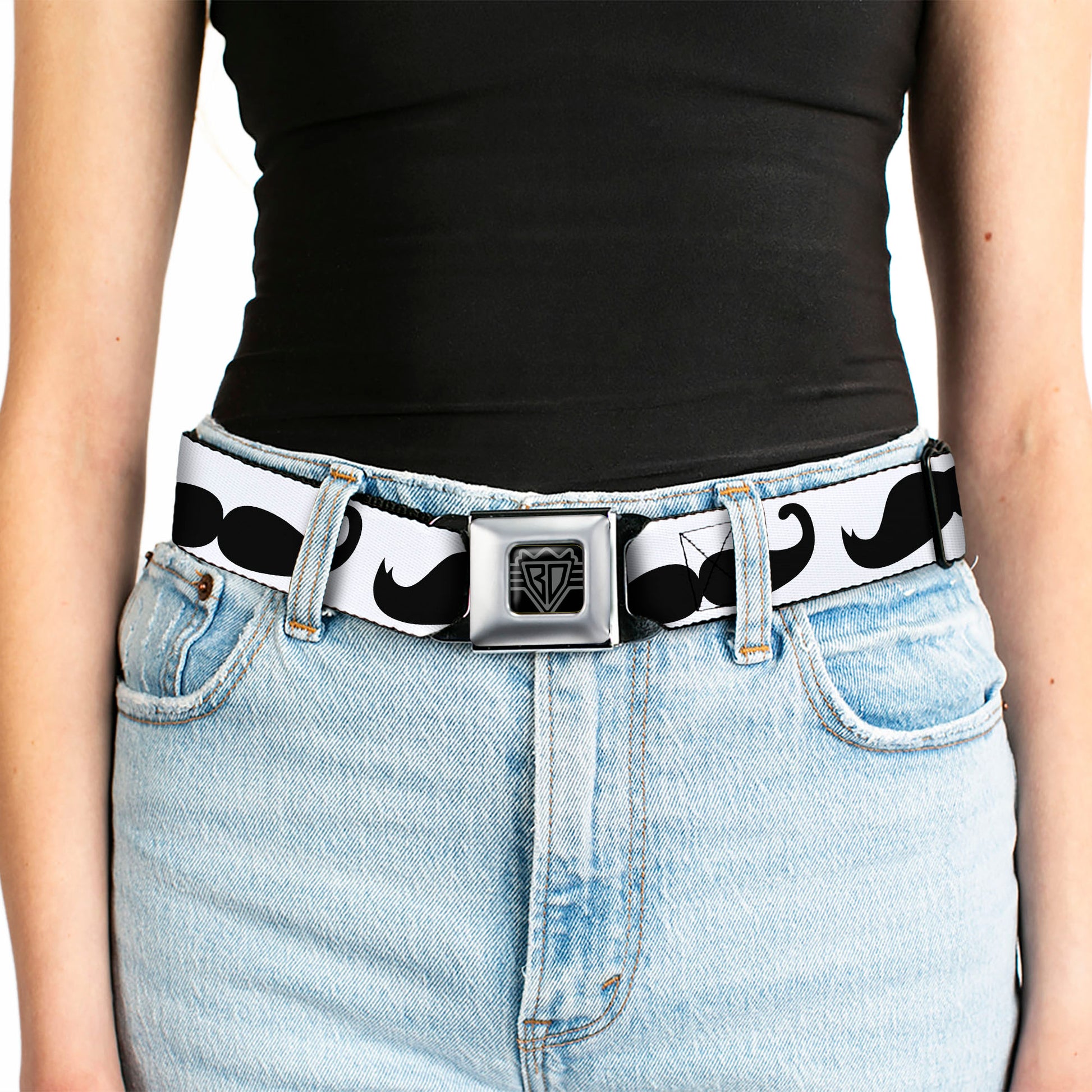 BD Wings Logo CLOSE-UP Full Color Black Silver Seatbelt Belt - Multi Mustaches Sketch White/Black Webbing Seatbelt Belts Buckle-Down