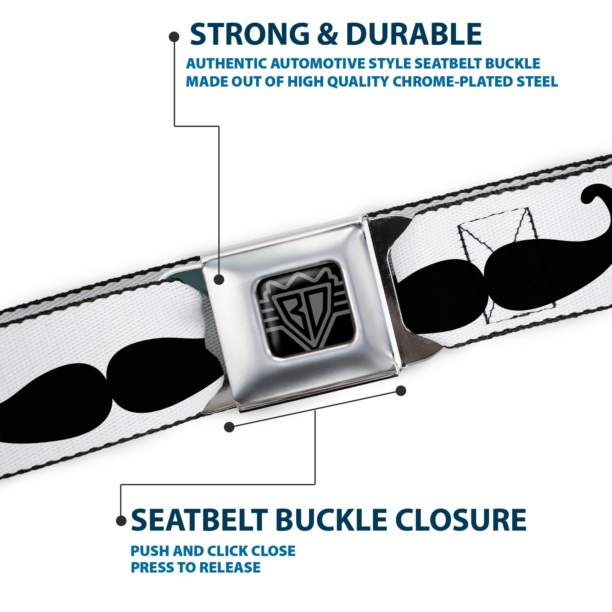 BD Wings Logo CLOSE-UP Full Color Black Silver Seatbelt Belt - Multi Mustaches Sketch White/Black Webbing Seatbelt Belts Buckle-Down