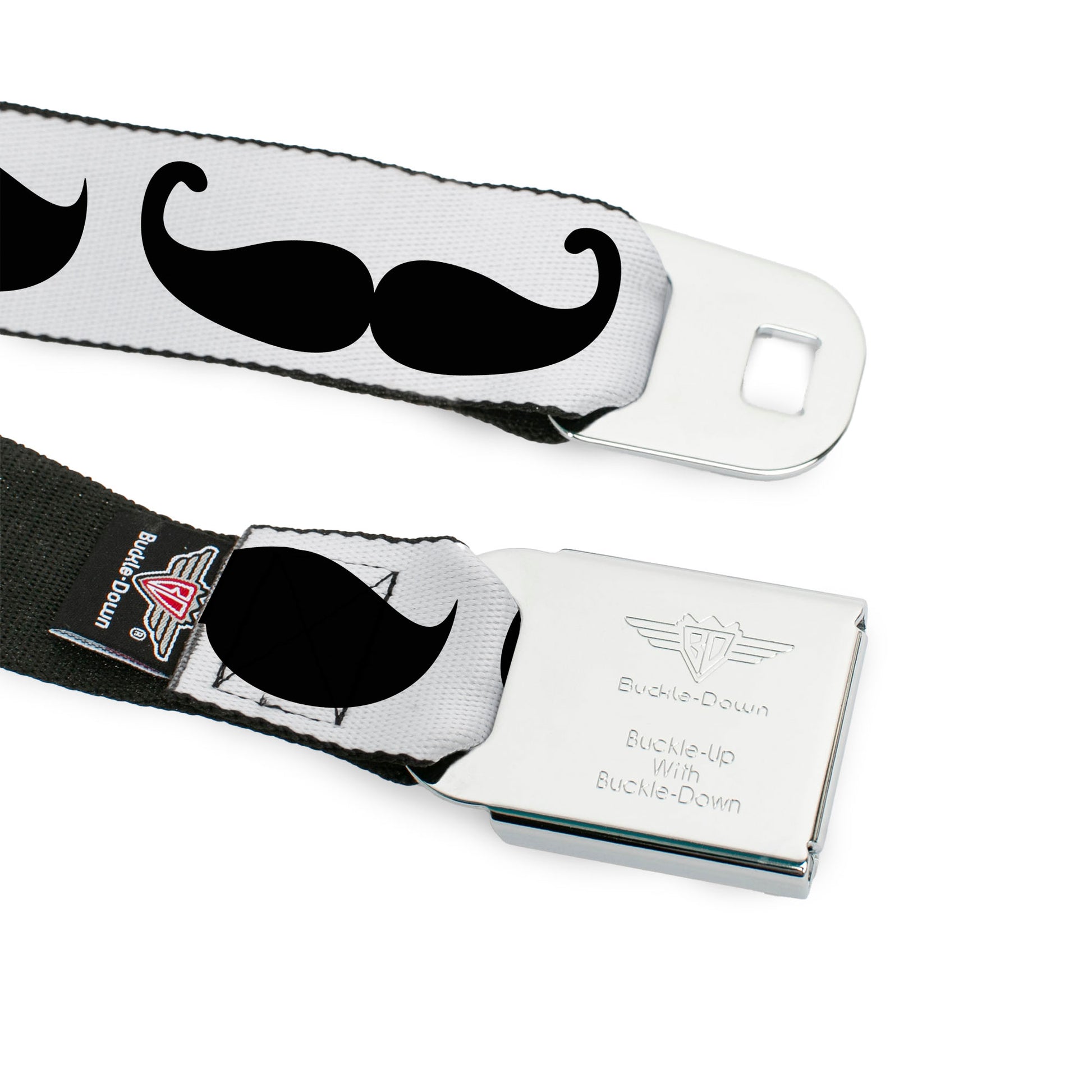 BD Wings Logo CLOSE-UP Full Color Black Silver Seatbelt Belt - Multi Mustaches Sketch White/Black Webbing Seatbelt Belts Buckle-Down