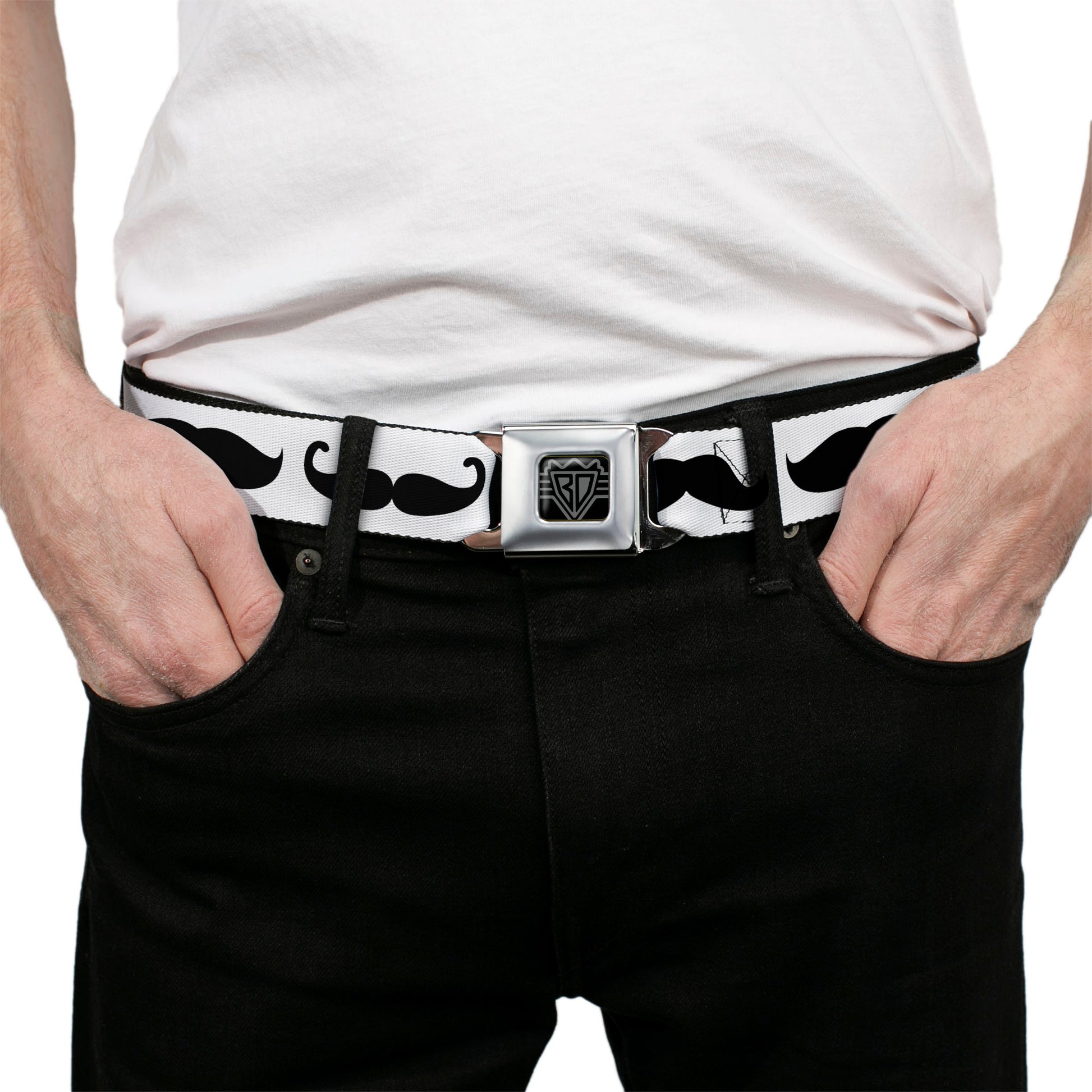 BD Wings Logo CLOSE-UP Full Color Black Silver Seatbelt Belt - Mustache Trio White/Black Webbing Seatbelt Belts Buckle-Down