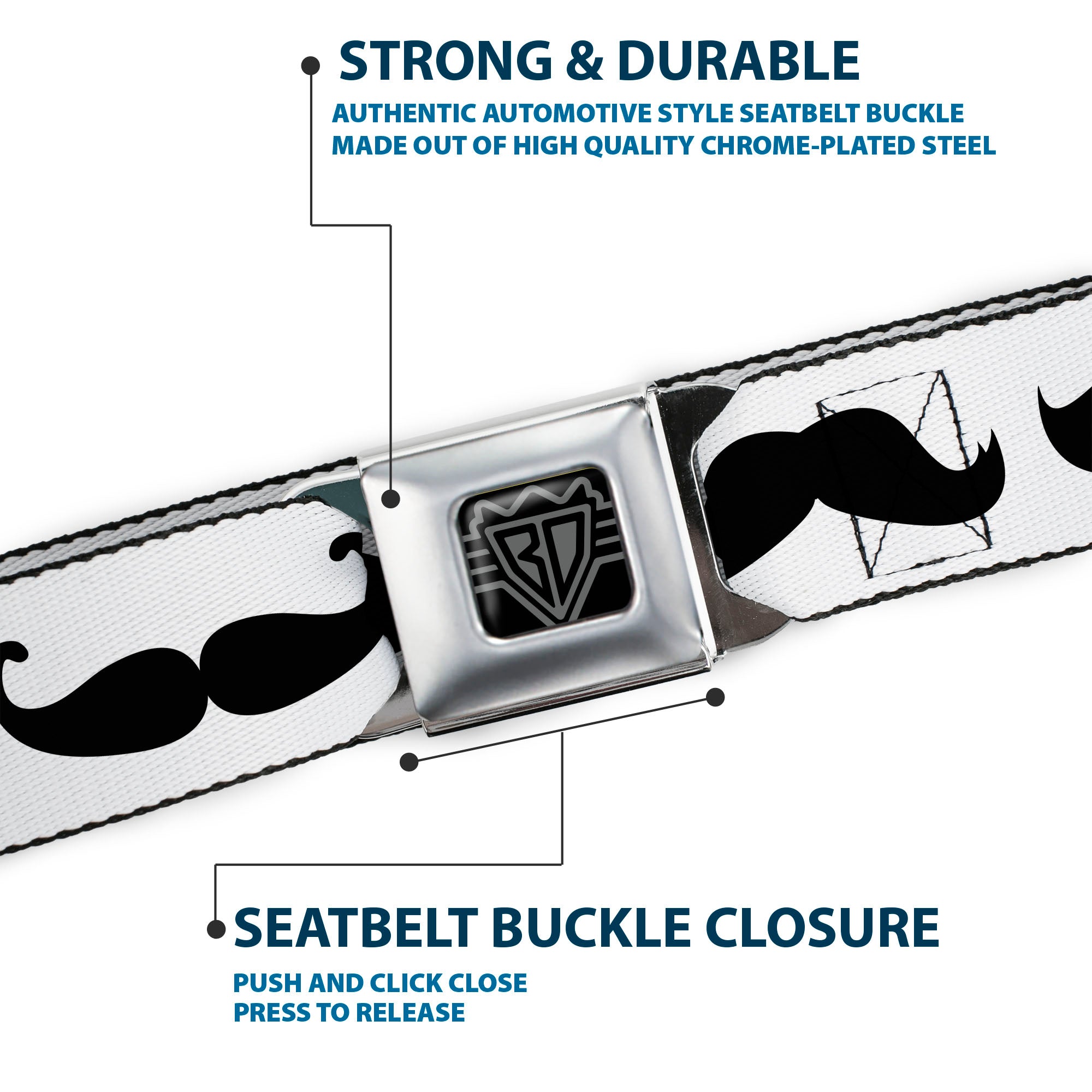 BD Wings Logo CLOSE-UP Full Color Black Silver Seatbelt Belt - Mustache Trio White/Black Webbing Seatbelt Belts Buckle-Down