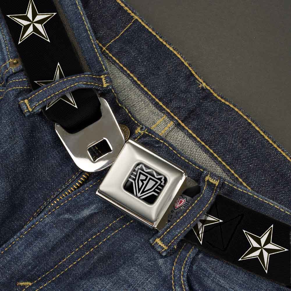 BD Wings Logo CLOSE-UP Full Color Black Silver Seatbelt Belt - Nautical Star Black/White Webbing Seatbelt Belts Buckle-Down