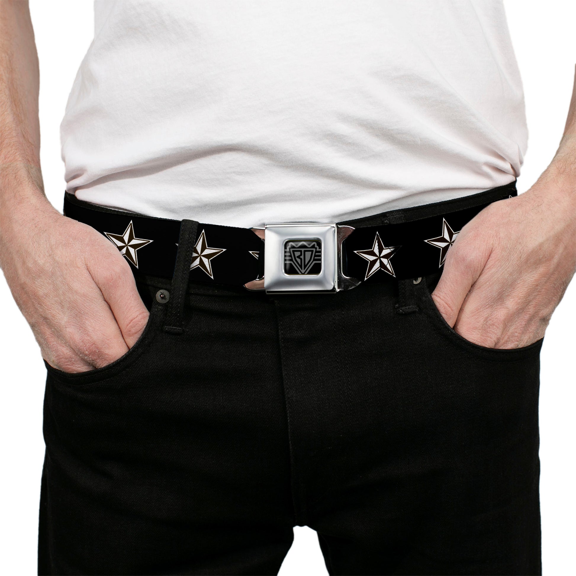 BD Wings Logo CLOSE-UP Full Color Black Silver Seatbelt Belt - Nautical Star Black/White Webbing Seatbelt Belts Buckle-Down
