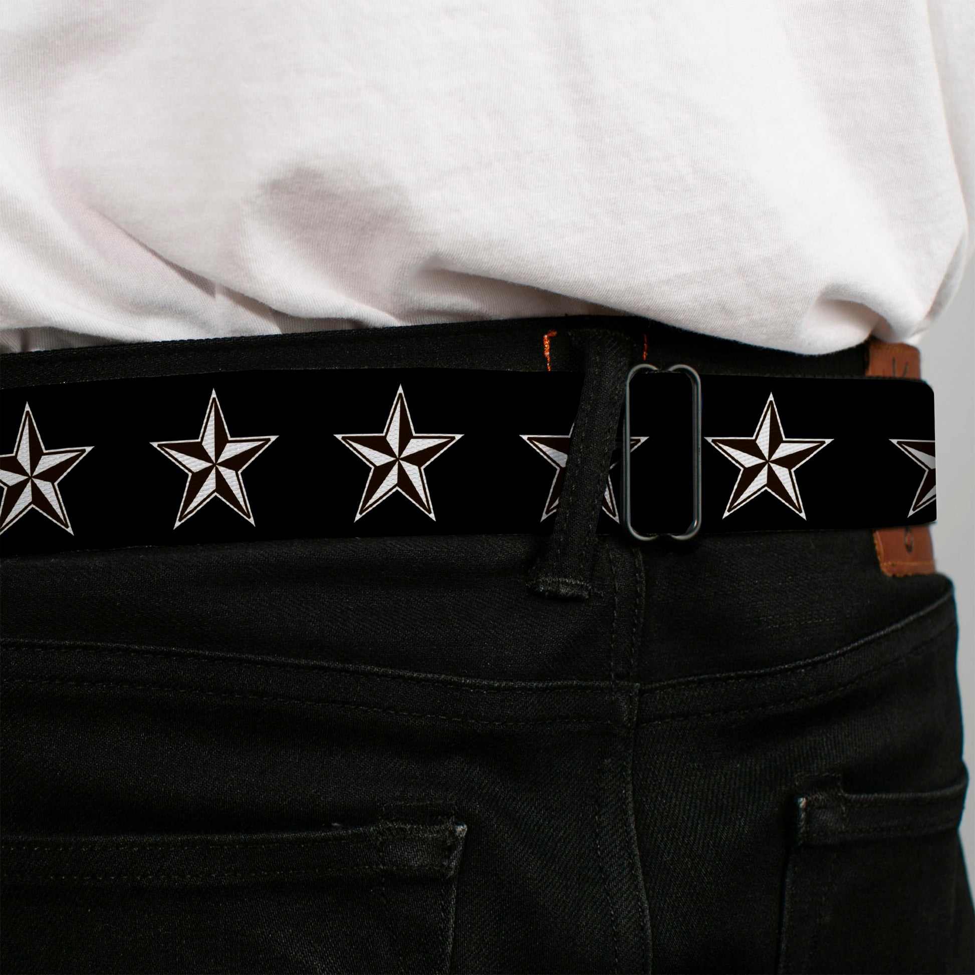 BD Wings Logo CLOSE-UP Full Color Black Silver Seatbelt Belt - Nautical Star Black/White Webbing Seatbelt Belts Buckle-Down