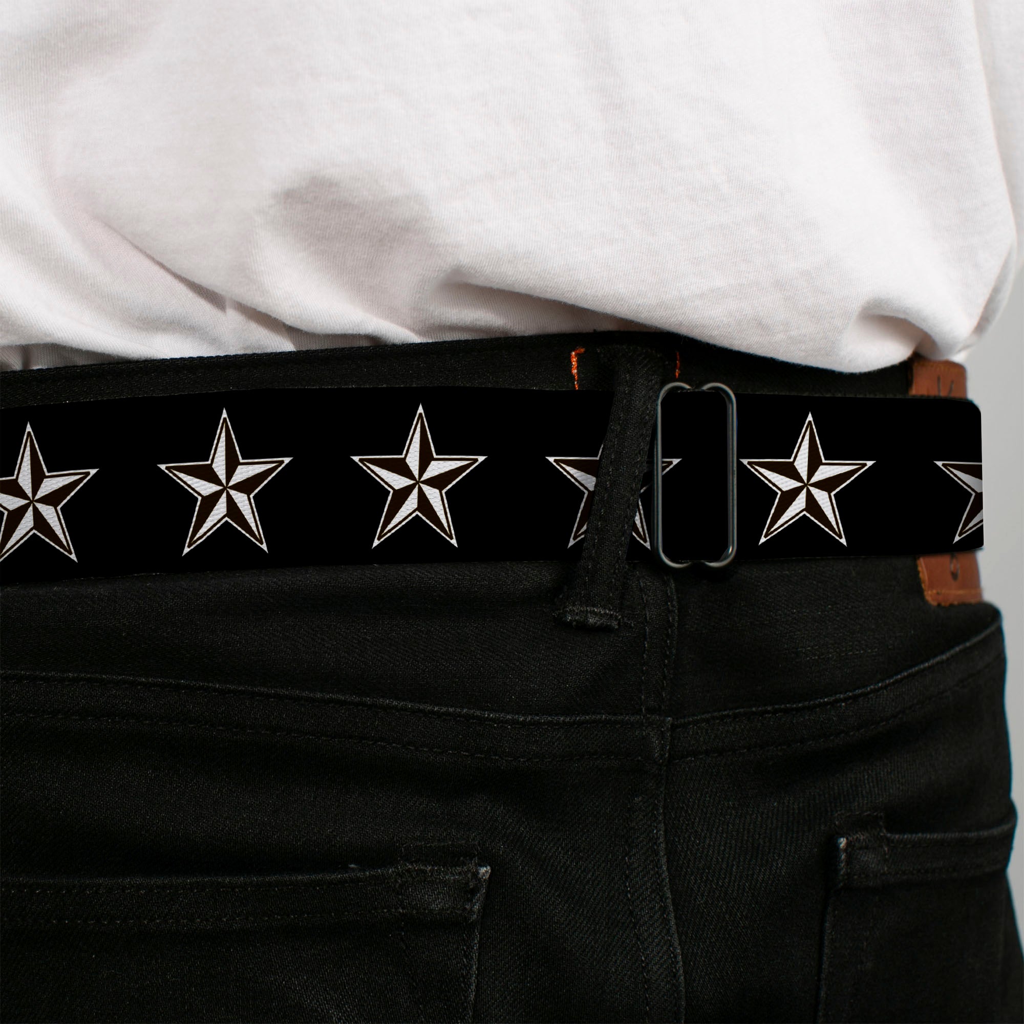 BD Wings Logo CLOSE-UP Full Color Black Silver Seatbelt Belt - Nautical Star Black/White Webbing Seatbelt Belts Buckle-Down