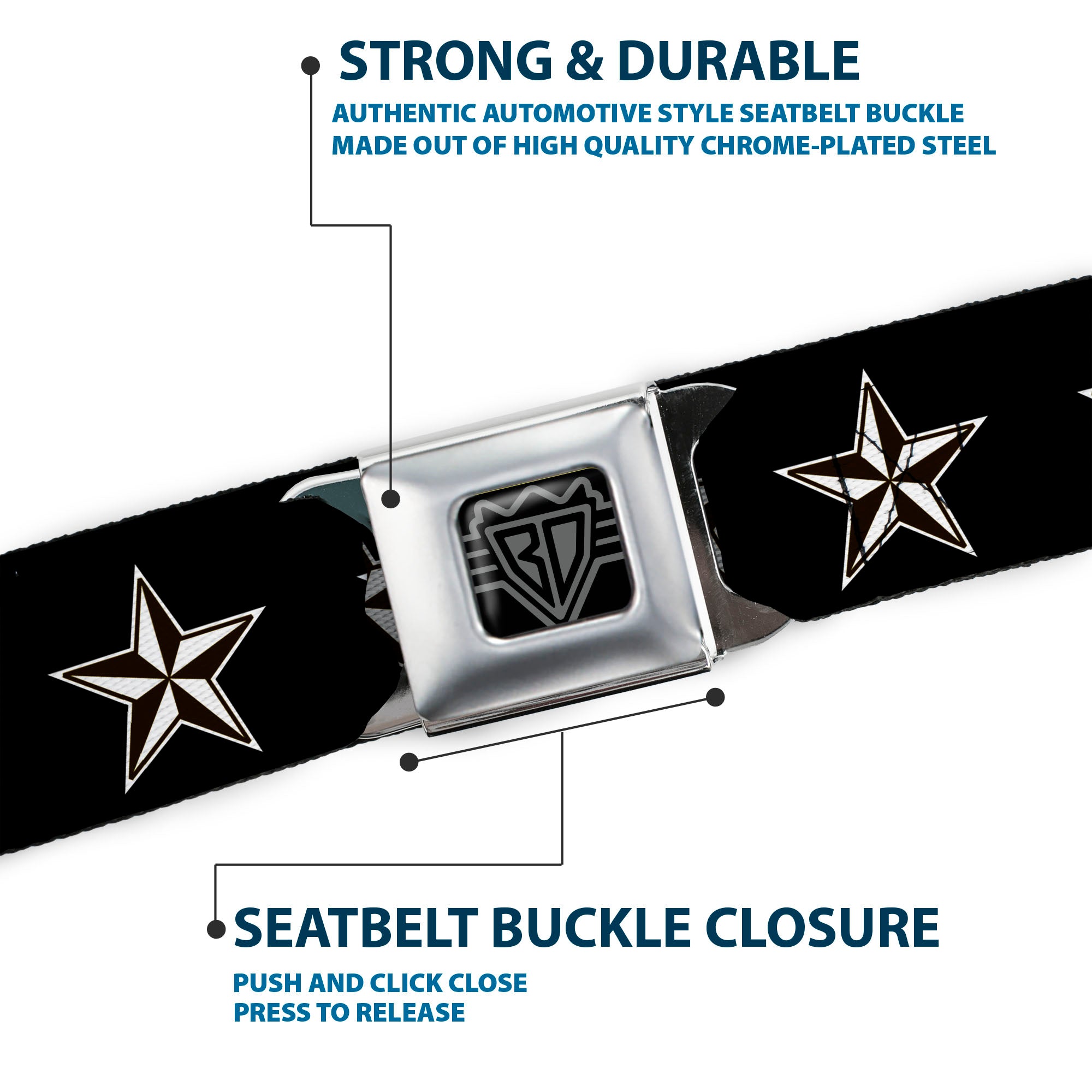 BD Wings Logo CLOSE-UP Full Color Black Silver Seatbelt Belt - Nautical Star Black/White Webbing Seatbelt Belts Buckle-Down