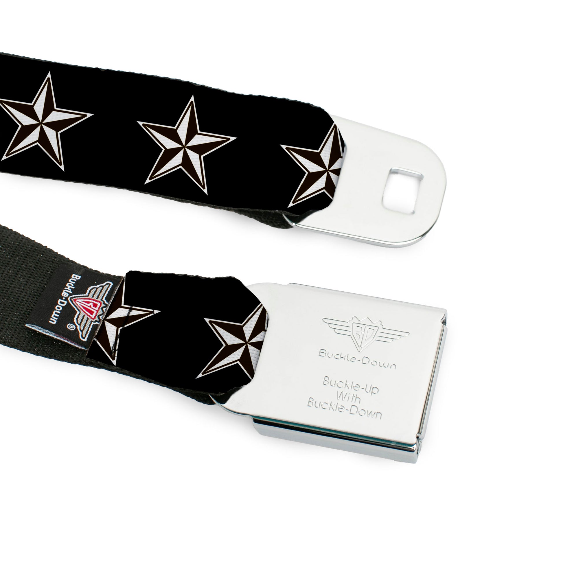 BD Wings Logo CLOSE-UP Full Color Black Silver Seatbelt Belt - Nautical Star Black/White Webbing Seatbelt Belts Buckle-Down