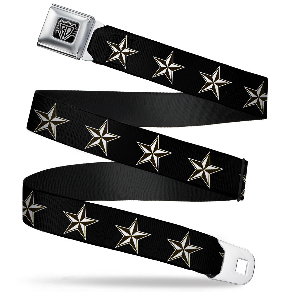 BD Wings Logo CLOSE-UP Full Color Black Silver Seatbelt Belt - Nautical Star Black/White Webbing Seatbelt Belts Buckle-Down