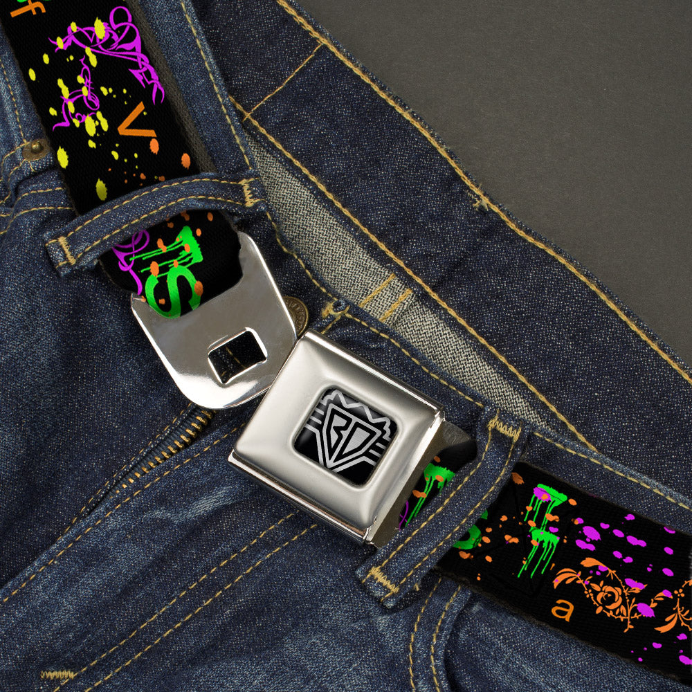BD Wings Logo CLOSE-UP Full Color Black Silver Seatbelt Belt - Nautical Star Splatter Black/Neon Webbing Seatbelt Belts Buckle-Down