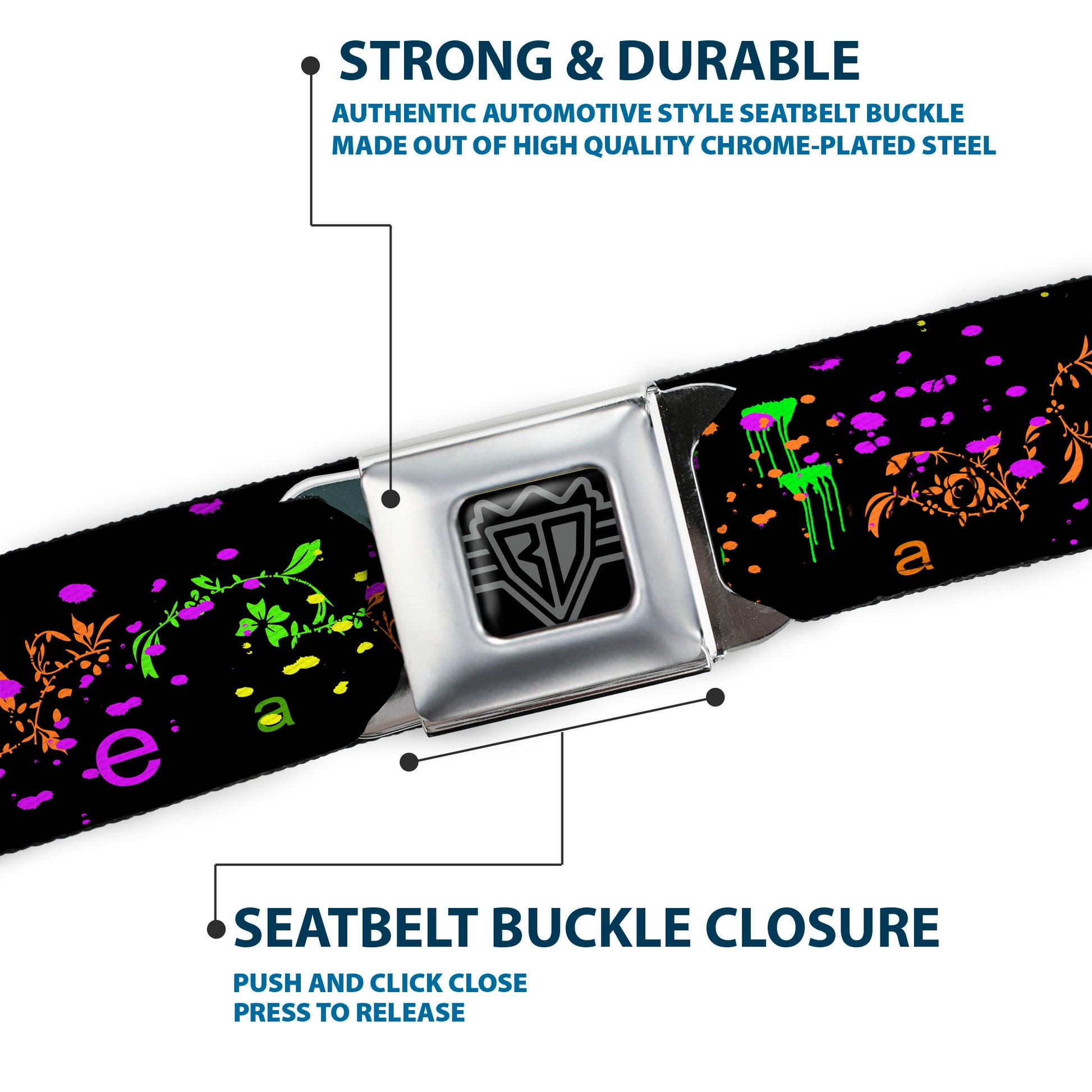 BD Wings Logo CLOSE-UP Full Color Black Silver Seatbelt Belt - Nautical Star Splatter Black/Neon Webbing Seatbelt Belts Buckle-Down