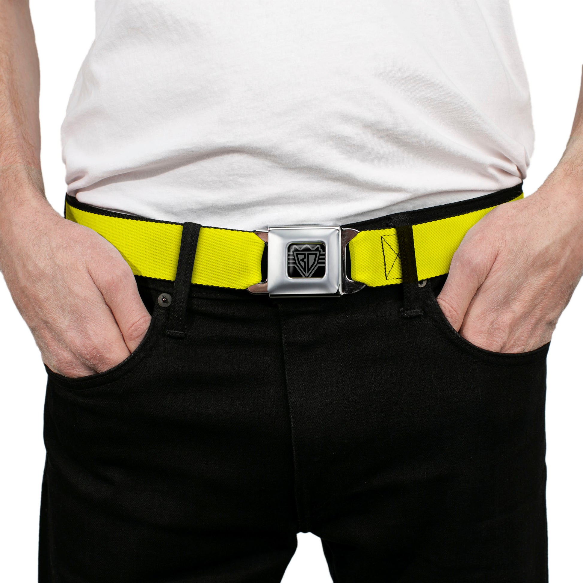 BD Wings Logo CLOSE-UP Full Color Black Silver Seatbelt Belt - Neon Yellow Webbing Seatbelt Belts Buckle-Down