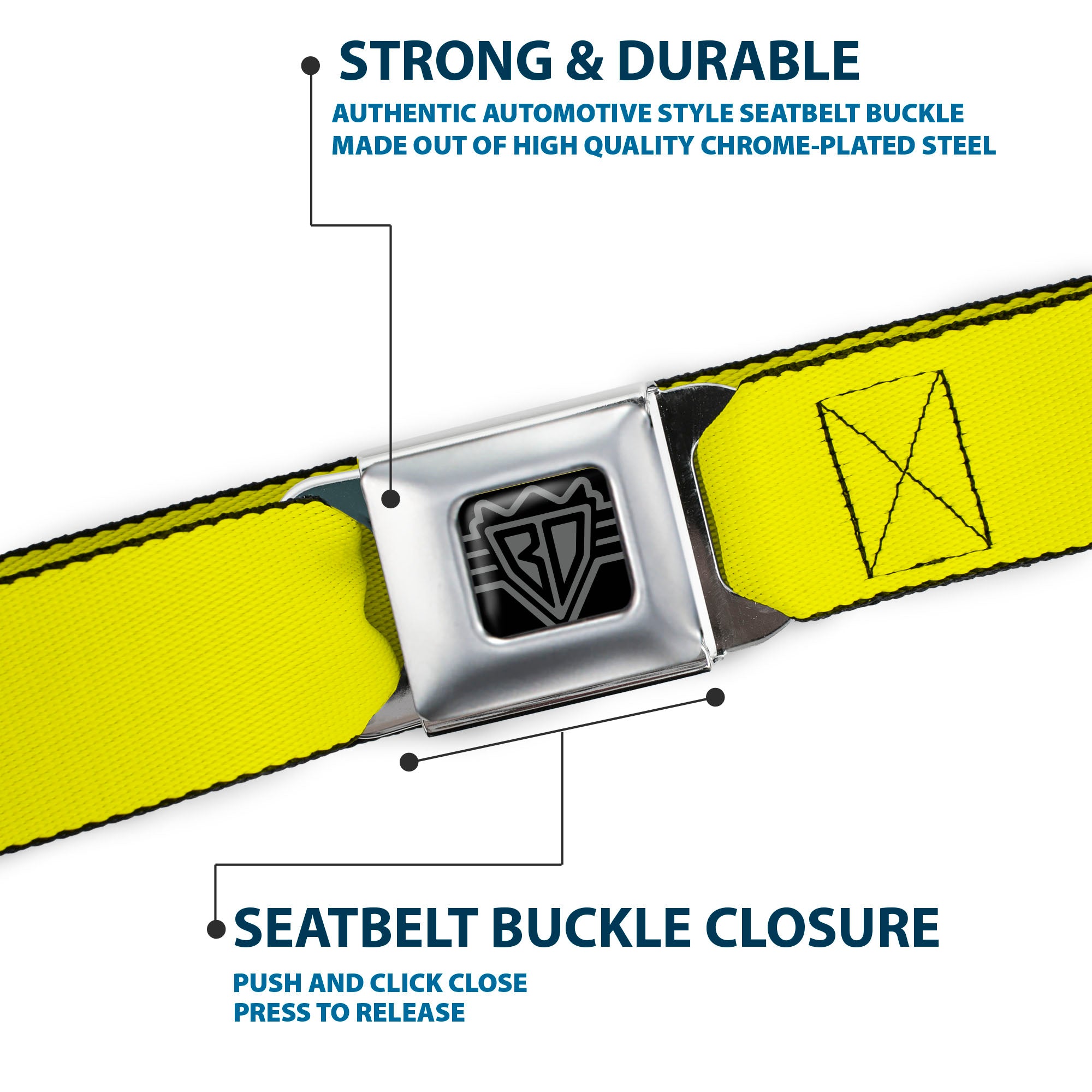 BD Wings Logo CLOSE-UP Full Color Black Silver Seatbelt Belt - Neon Yellow Webbing Seatbelt Belts Buckle-Down