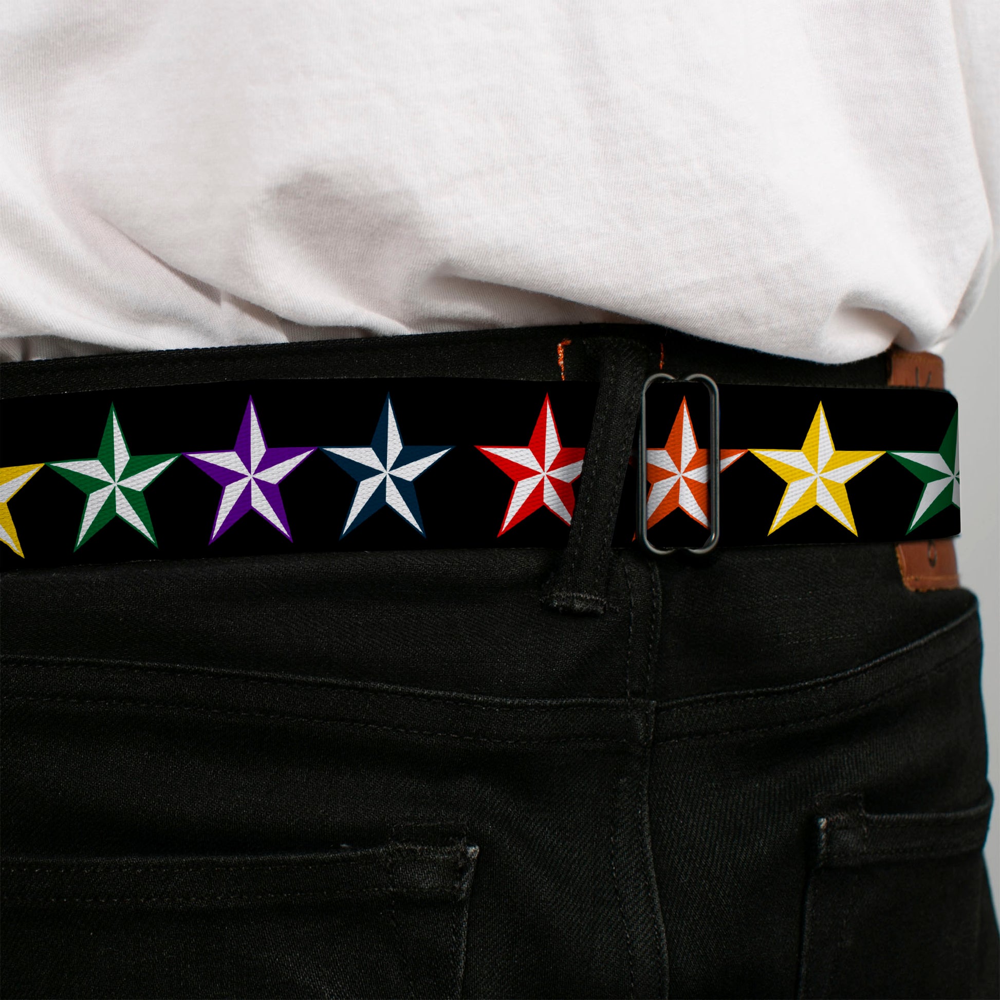 BD Wings Logo CLOSE-UP Full Color Black Silver Seatbelt Belt - Nautical Star Black/Multi Color Webbing Seatbelt Belts Buckle-Down