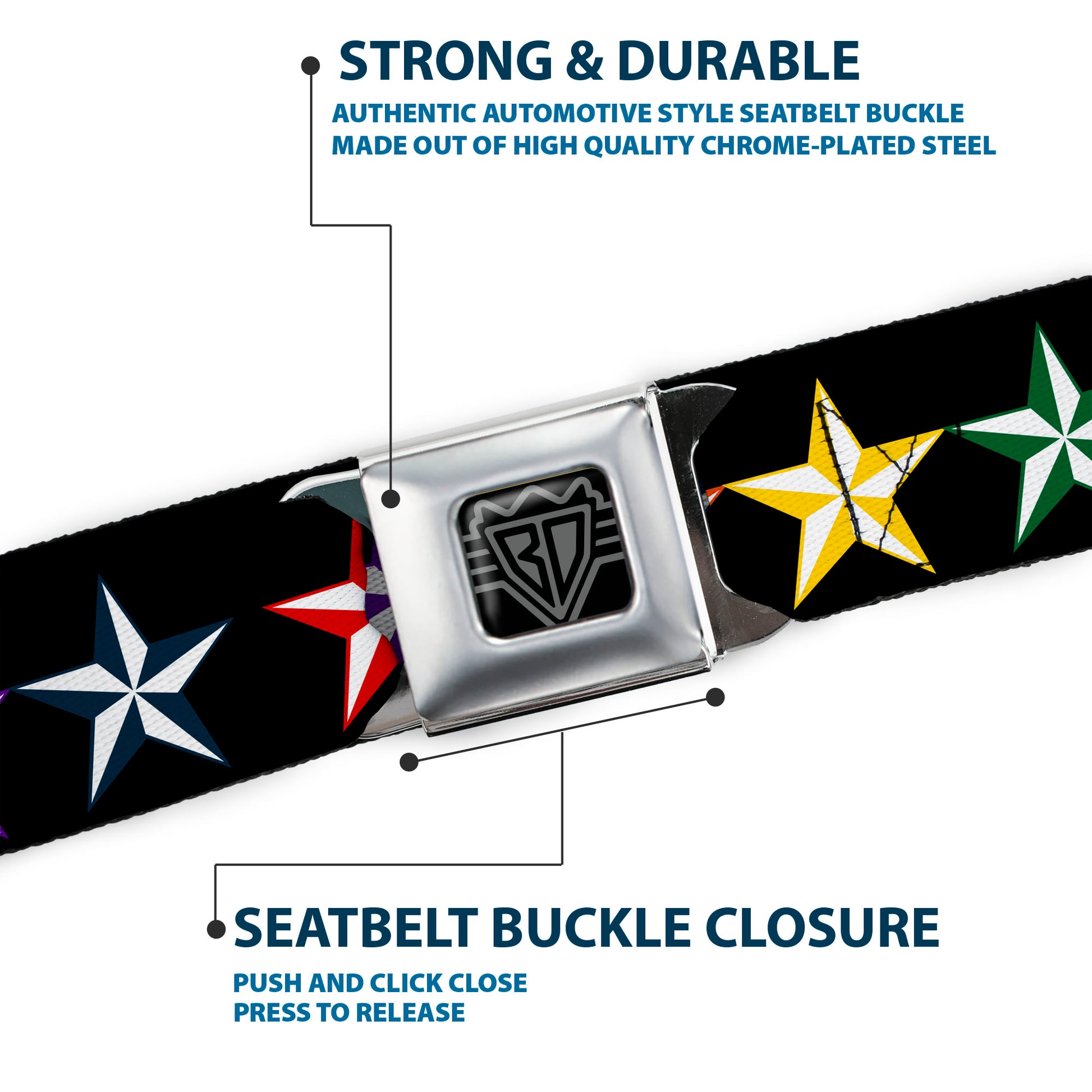 BD Wings Logo CLOSE-UP Full Color Black Silver Seatbelt Belt - Nautical Star Black/Multi Color Webbing Seatbelt Belts Buckle-Down