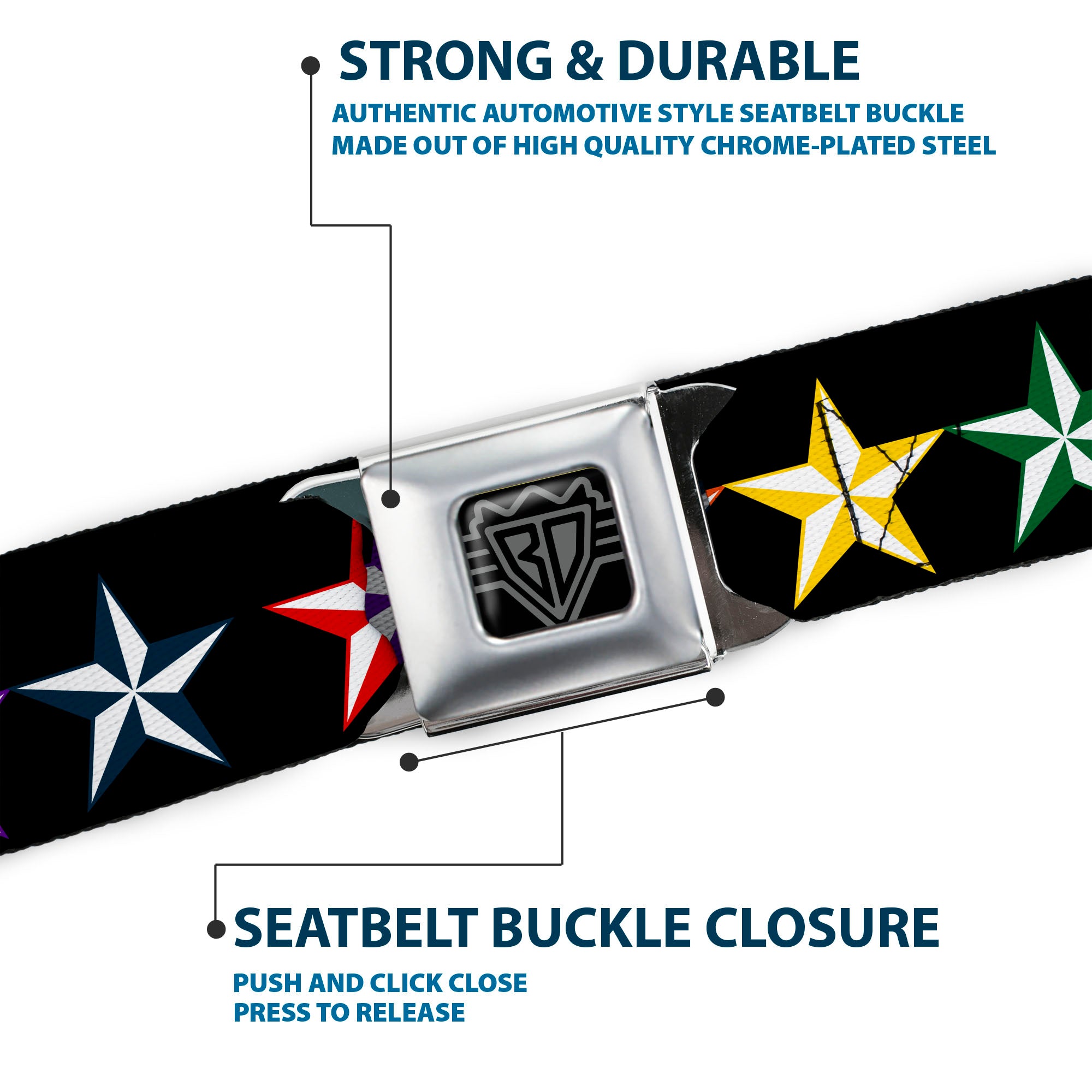 BD Wings Logo CLOSE-UP Full Color Black Silver Seatbelt Belt - Nautical Star Black/Multi Color Webbing Seatbelt Belts Buckle-Down