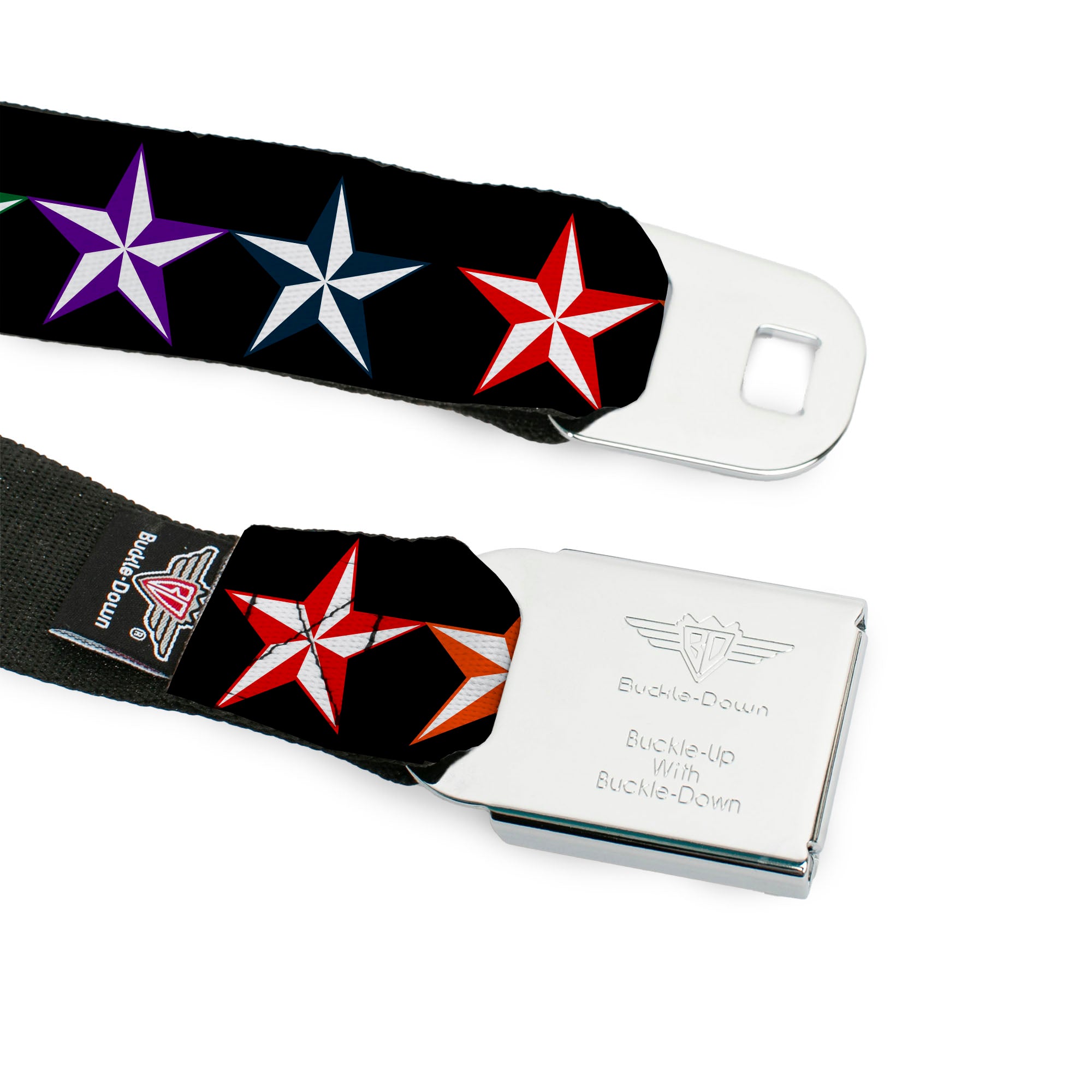 BD Wings Logo CLOSE-UP Full Color Black Silver Seatbelt Belt - Nautical Star Black/Multi Color Webbing Seatbelt Belts Buckle-Down