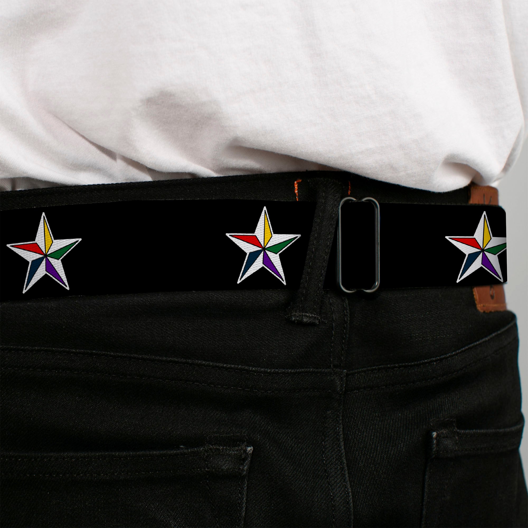 BD Wings Logo CLOSE-UP Full Color Black Silver Seatbelt Belt - Nautical Star Black/White/Multi Color Webbing Seatbelt Belts Buckle-Down