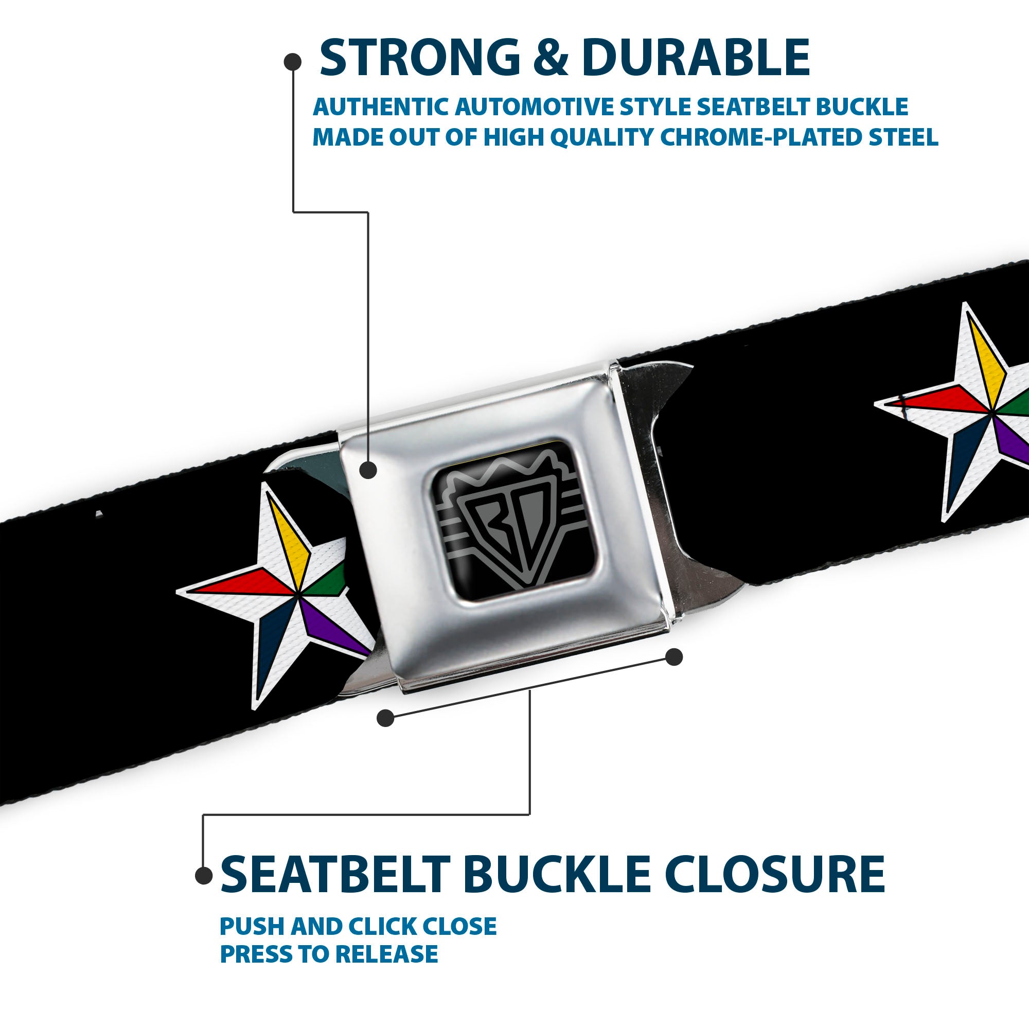 BD Wings Logo CLOSE-UP Full Color Black Silver Seatbelt Belt - Nautical Star Black/White/Multi Color Webbing Seatbelt Belts Buckle-Down